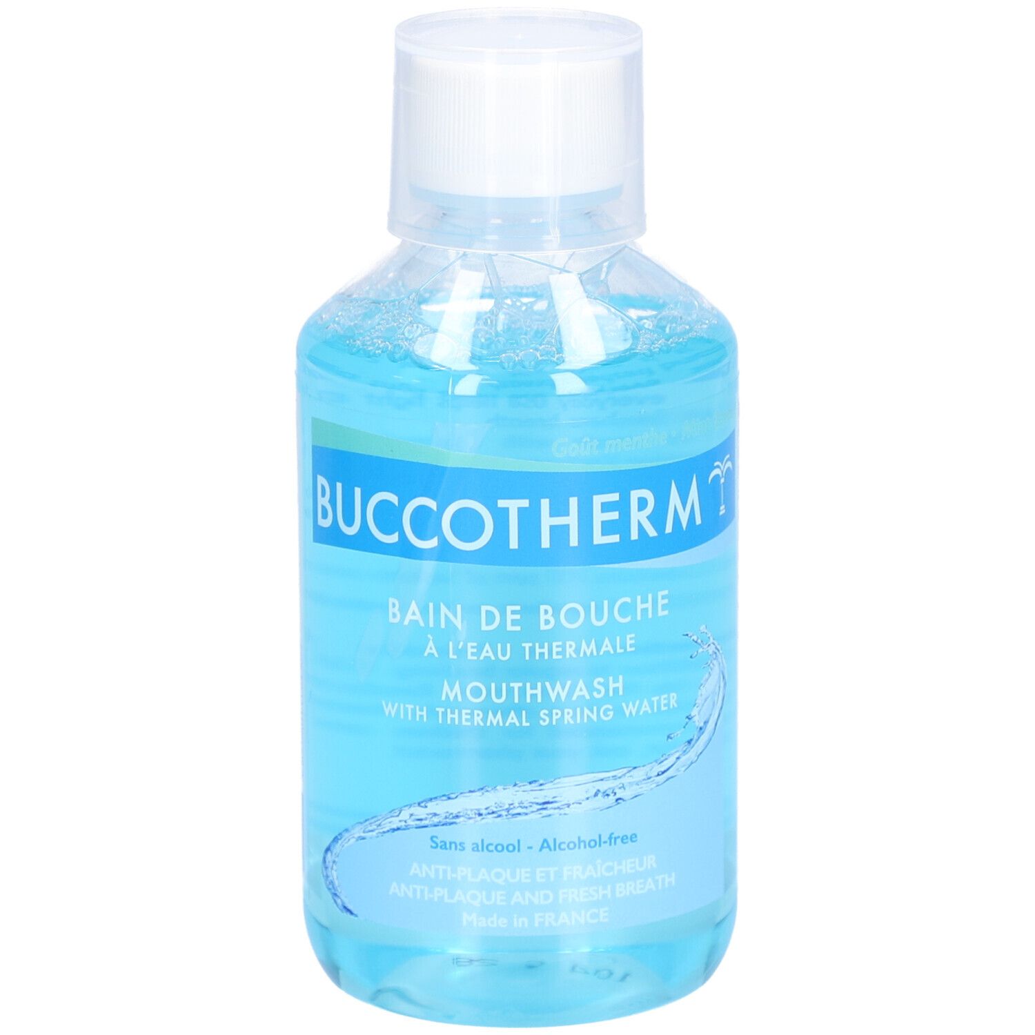 Flacon de bain de bouche bleu avec bouchon blanc. Inscription: Buccotherm, Bain de Bouche, Mouthwash. Sans alcool.
