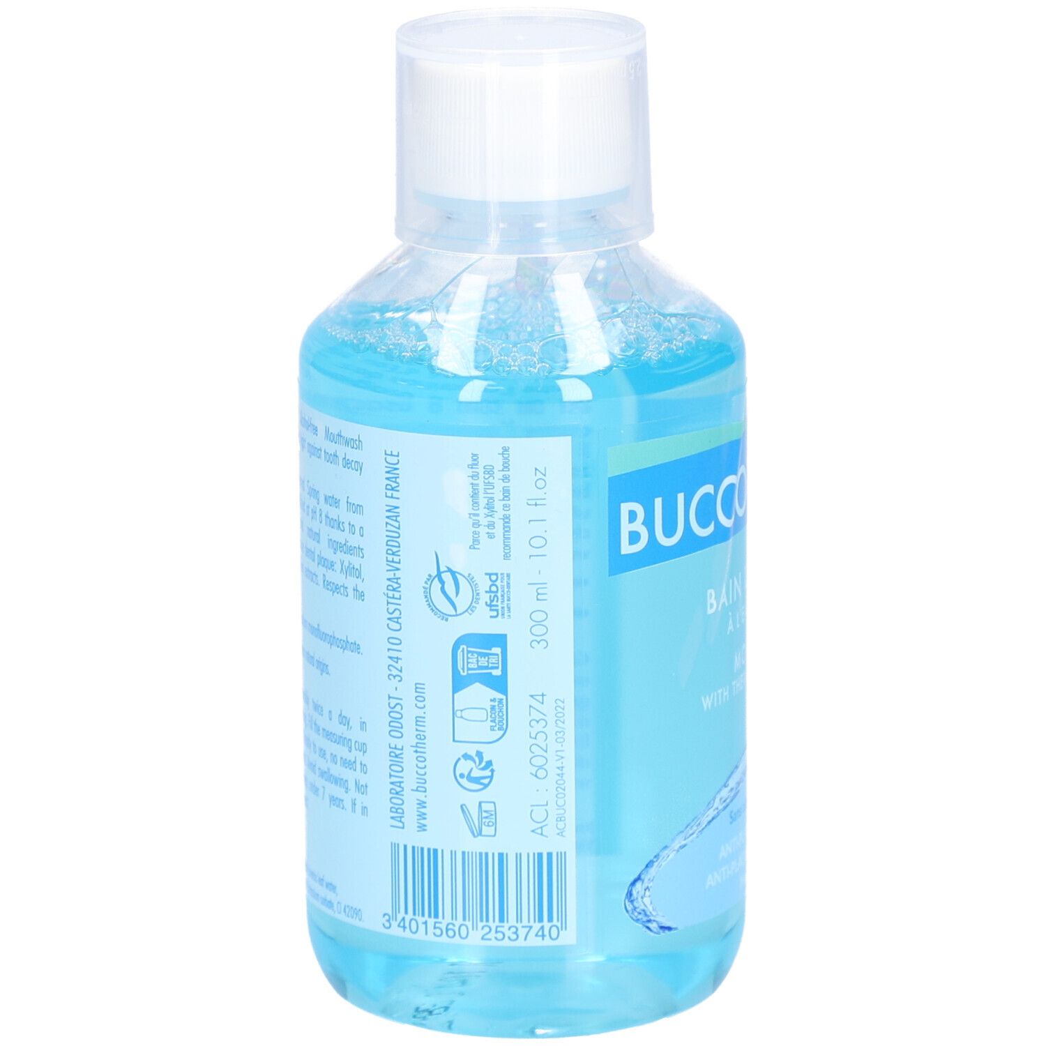 Dos du flacon de bain de bouche bleu. Contient des informations, un code-barres et un logo. Marque: Buccotherm. 300 ml.