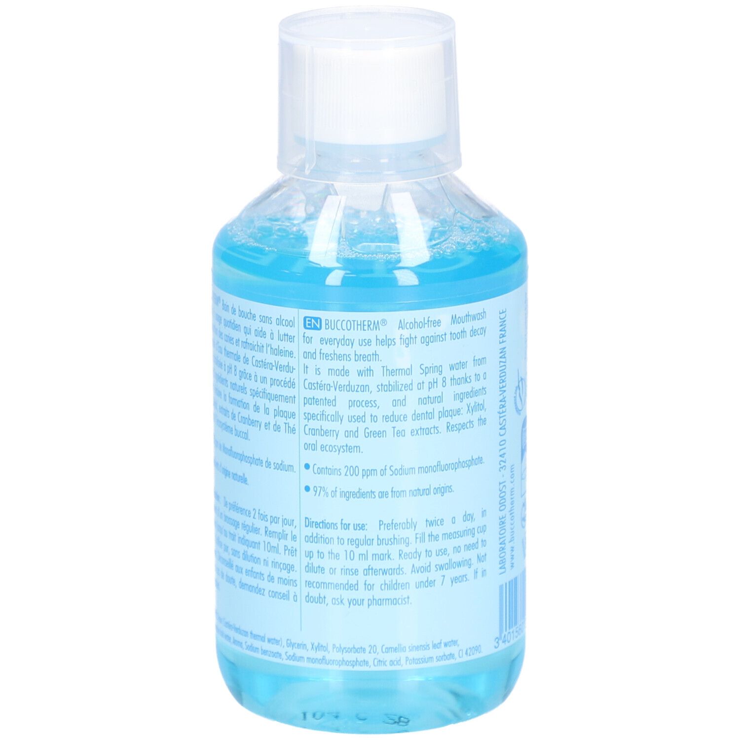 Dos du flacon de bain de bouche bleu. Informations textuelles, ingrédients et instructions d'utilisation. Marque: Buccotherm.