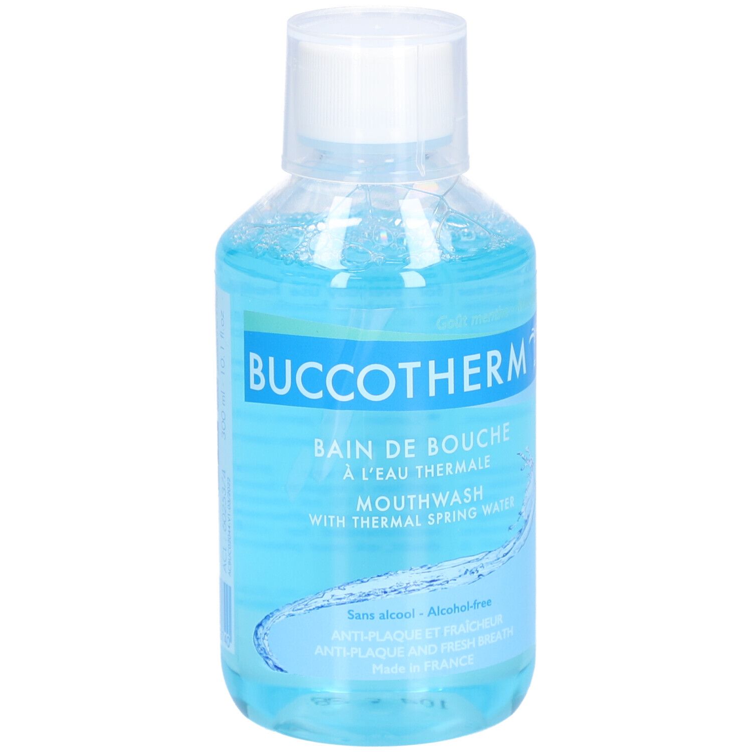 Flacon de bain de bouche bleu avec bouchon blanc. Inscription: Buccotherm, Bain de Bouche, Mouthwash. Sans alcool.