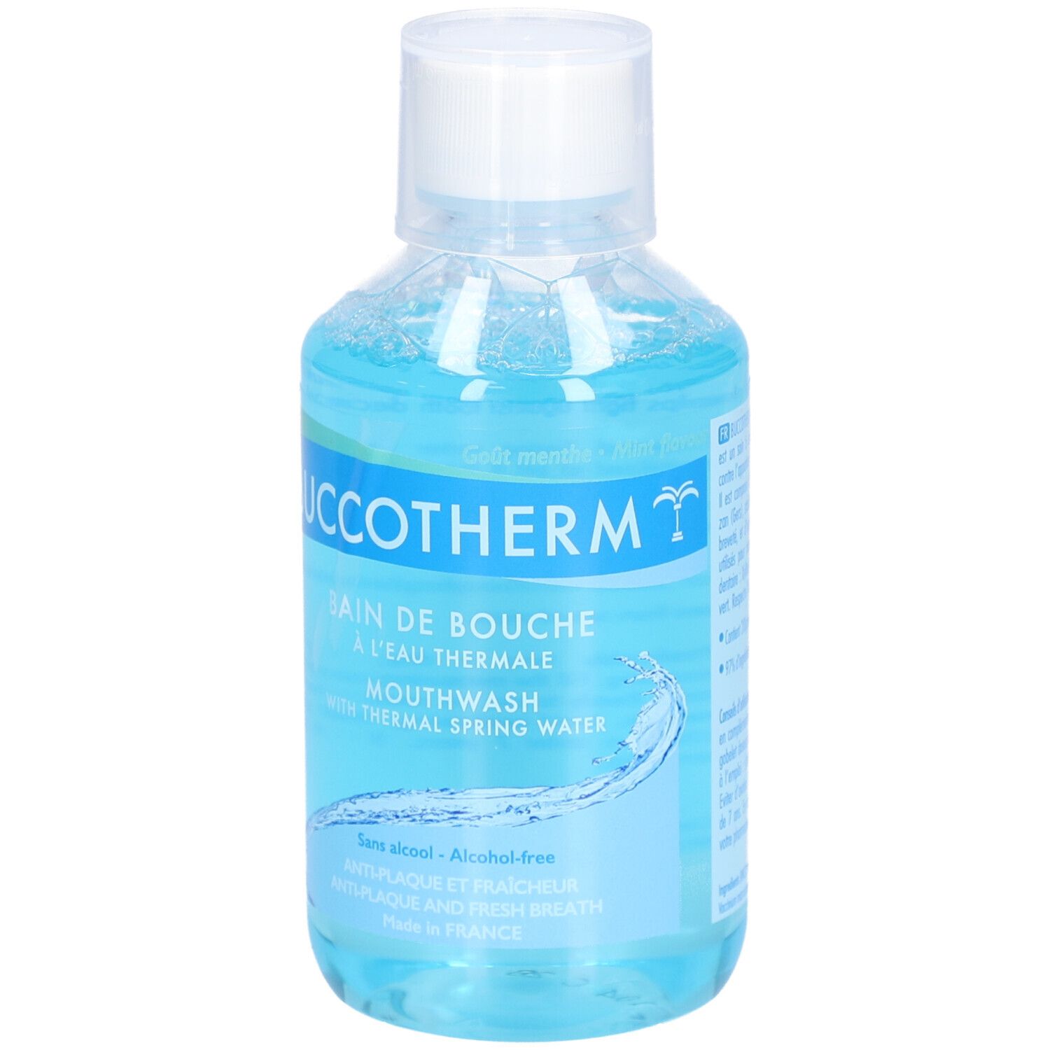 Flacon de bain de bouche bleu avec bouchon blanc. Inscription: Buccotherm, Bain de Bouche, Mouthwash. Sans alcool.