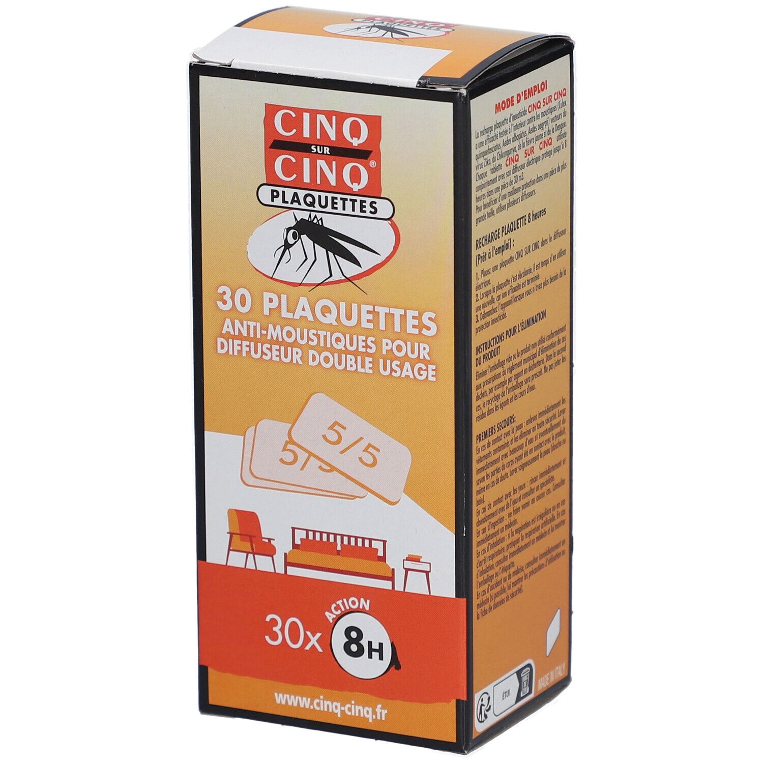 Verpakking met 30 anti-muggenplaten CINQ SUR CINQ voor dubbel gebruik. Oranje-wit ontwerp met insectenafbeelding.