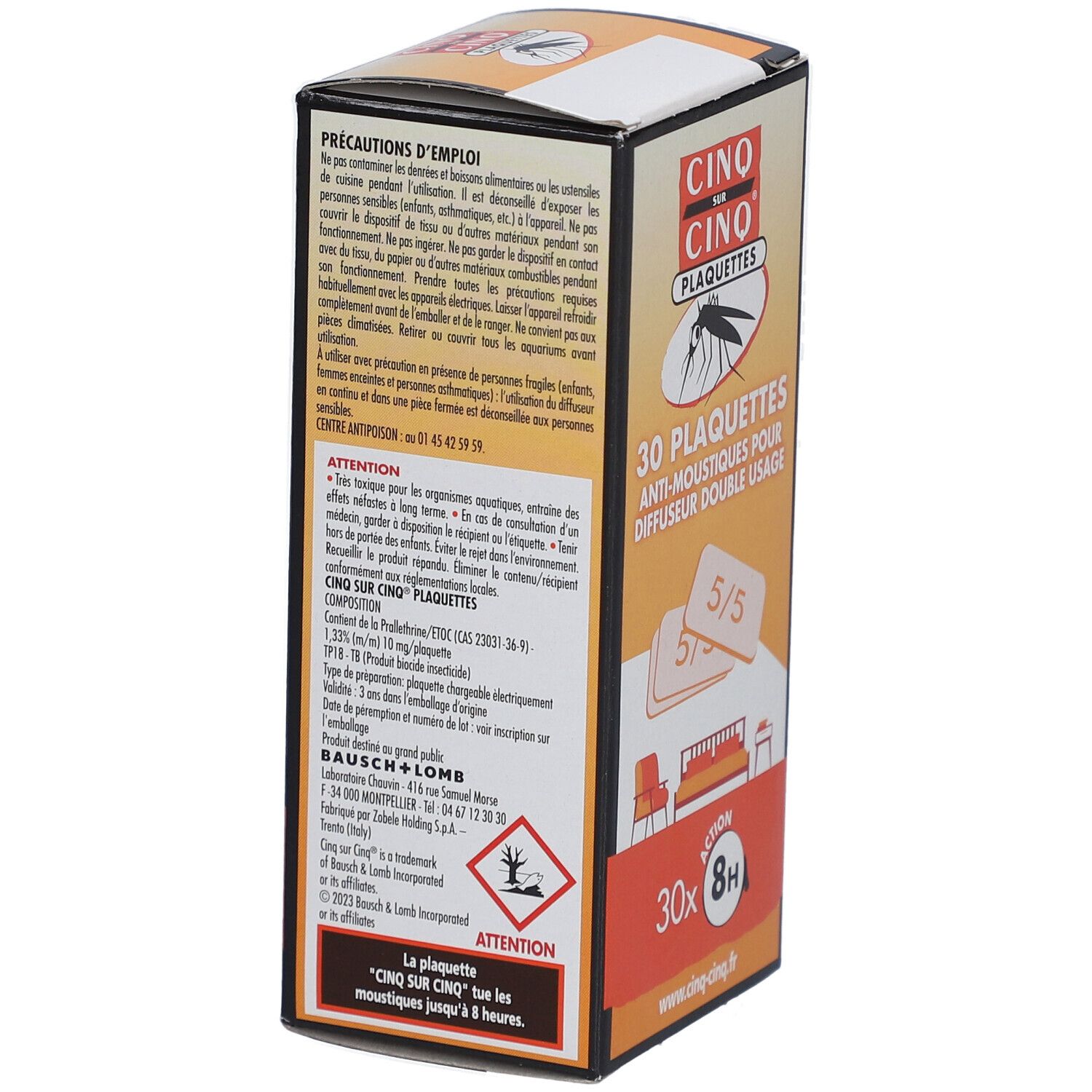 Verpakking met 30 anti-muggenplaten CINQ SUR CINQ. Waarschuwingen en ingrediënten. Oranje-wit ontwerp.