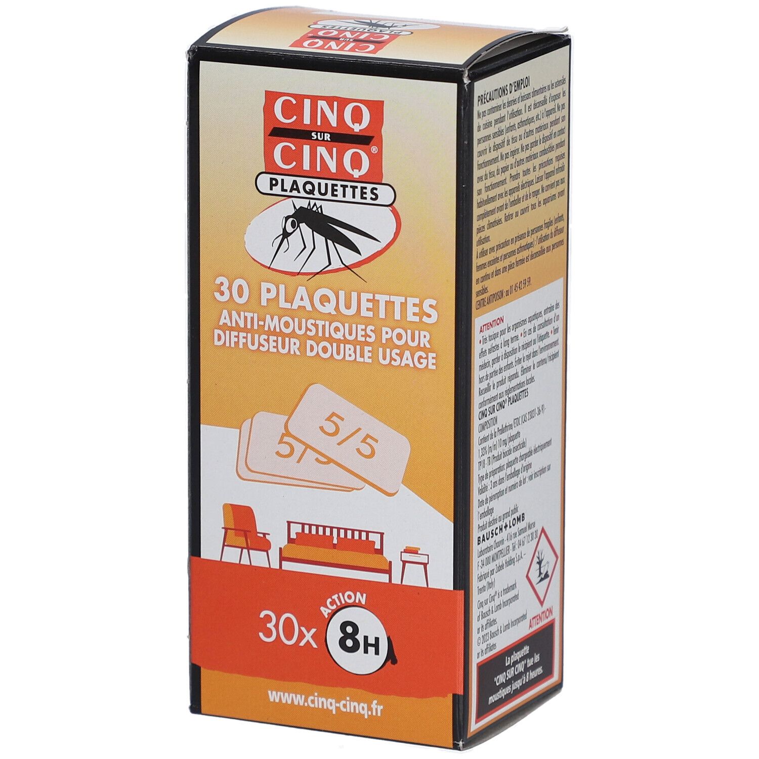 Verpakking met 30 anti-muggenplaten CINQ SUR CINQ. Oranje-wit ontwerp. Productnaam en insectenafbeelding.