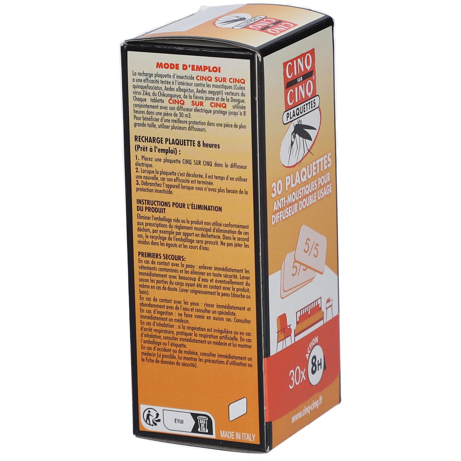Verpakking met 30 anti-muggenplaten CINQ SUR CINQ. Gebruiksaanwijzing. Oranje-wit ontwerp.