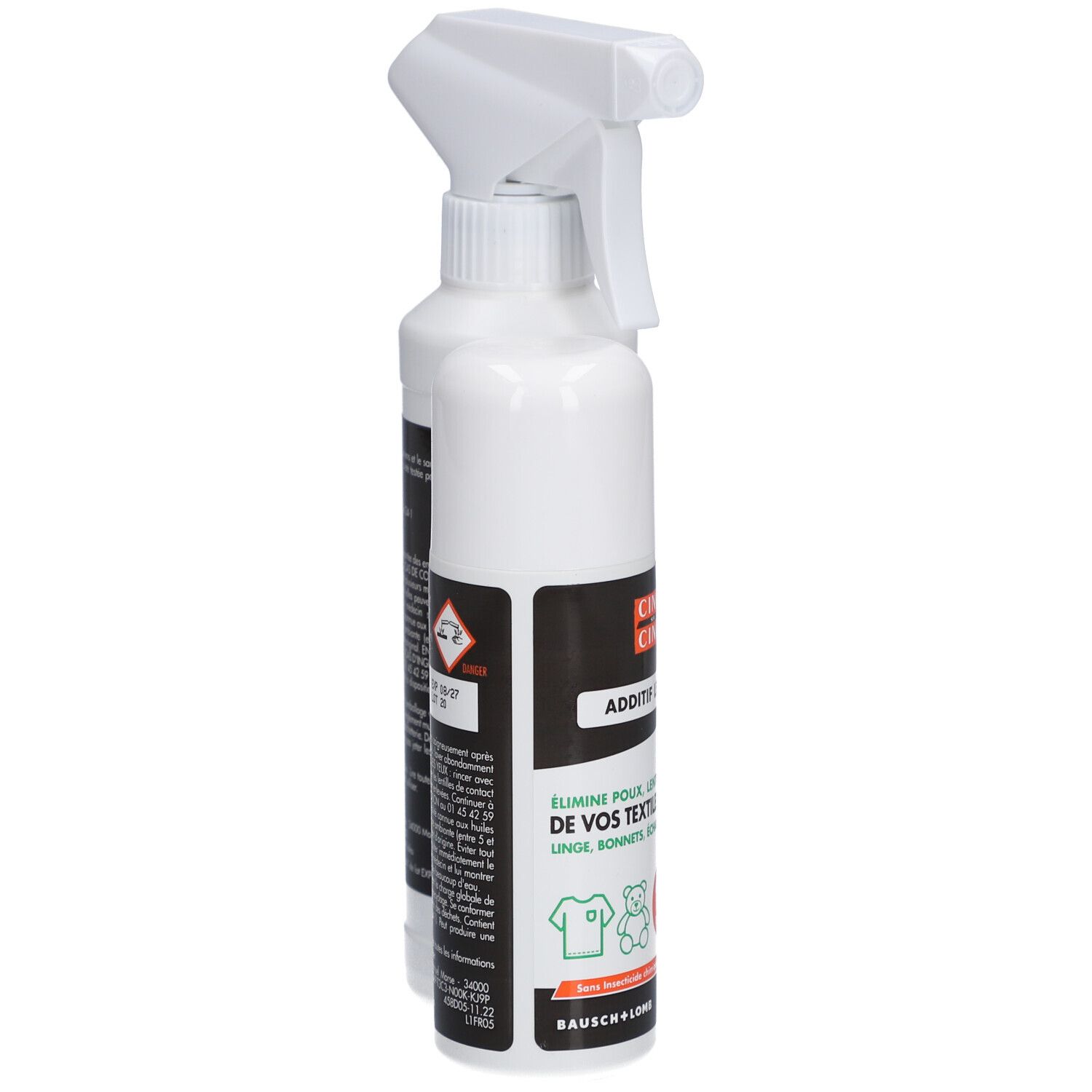 Witte flessen met zwarte etiketten. Eén fles met sproeikop. Tekst in het Frans. Achterkant van de flessen zichtbaar.