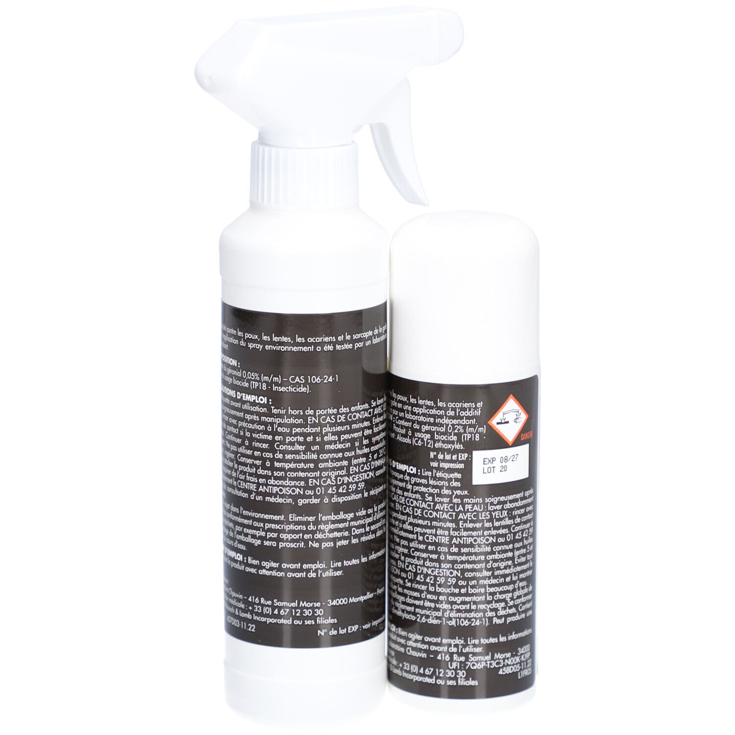 Twee witte flessen met zwarte etiketten. Tekst in het Frans. Achterkant van de flessen met tekst en waarschuwingen.