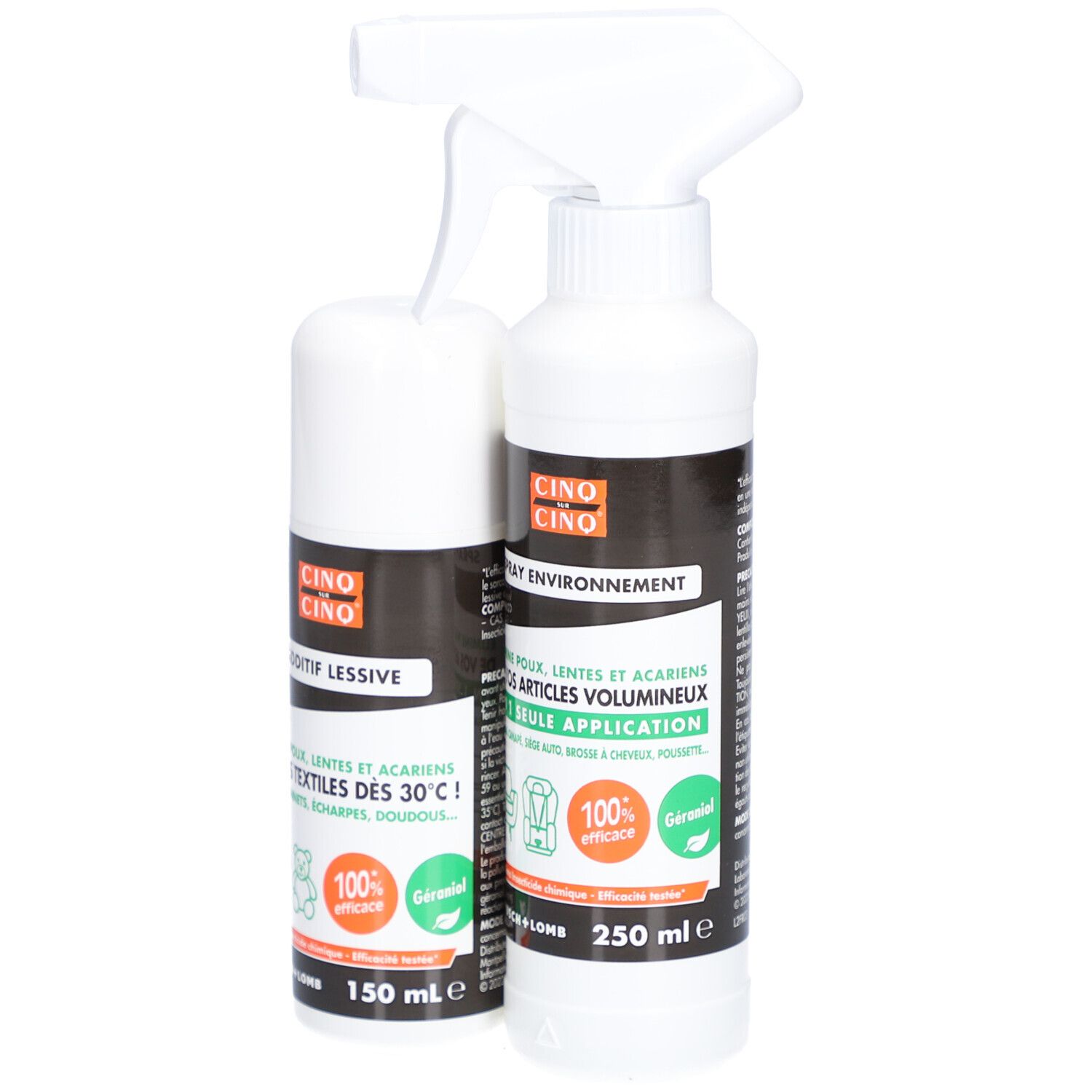 Twee witte flessen met zwarte etiketten. Eén met sproeikop. Tekst in het Frans. 150 ml en 250 ml.