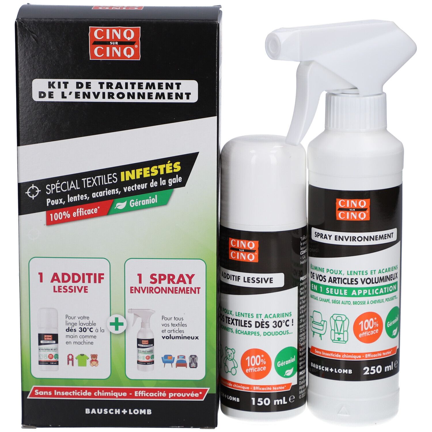 Productverpakking met twee flessen en een doos. Zwarte doos met tekst en logo. Franse tekst.