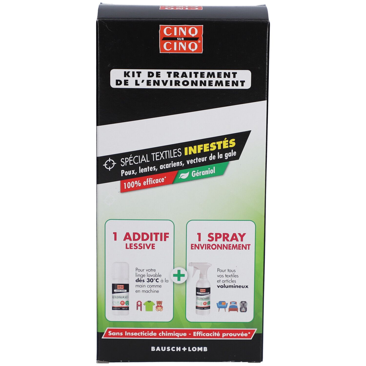 Zwarte doos met tekst en logo. Franse tekst. Twee afbeeldingen van flessen. Productnaam en merk.