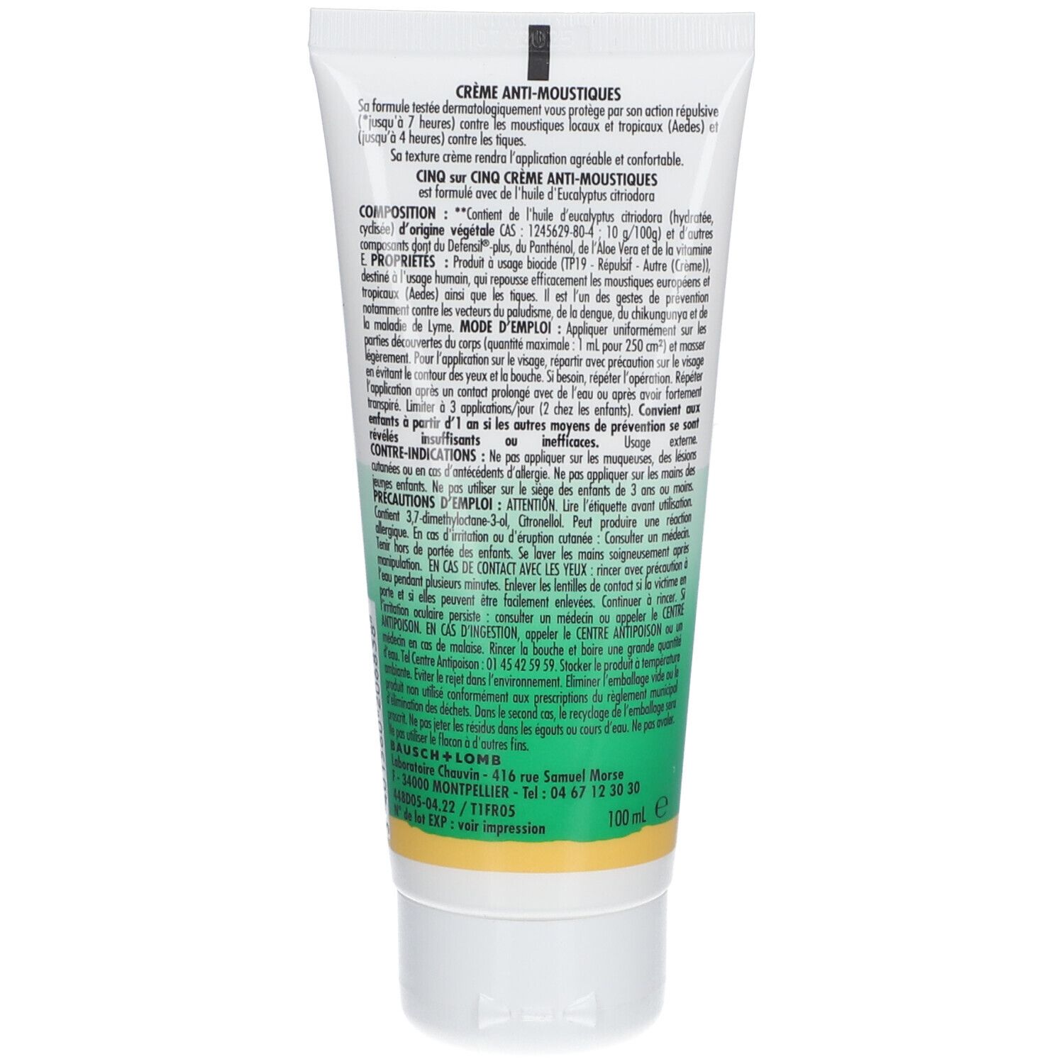 Achterkant van een crèmetube. Tekstinformatie in meerdere talen. Groen-witte kleurstelling. 100ml.