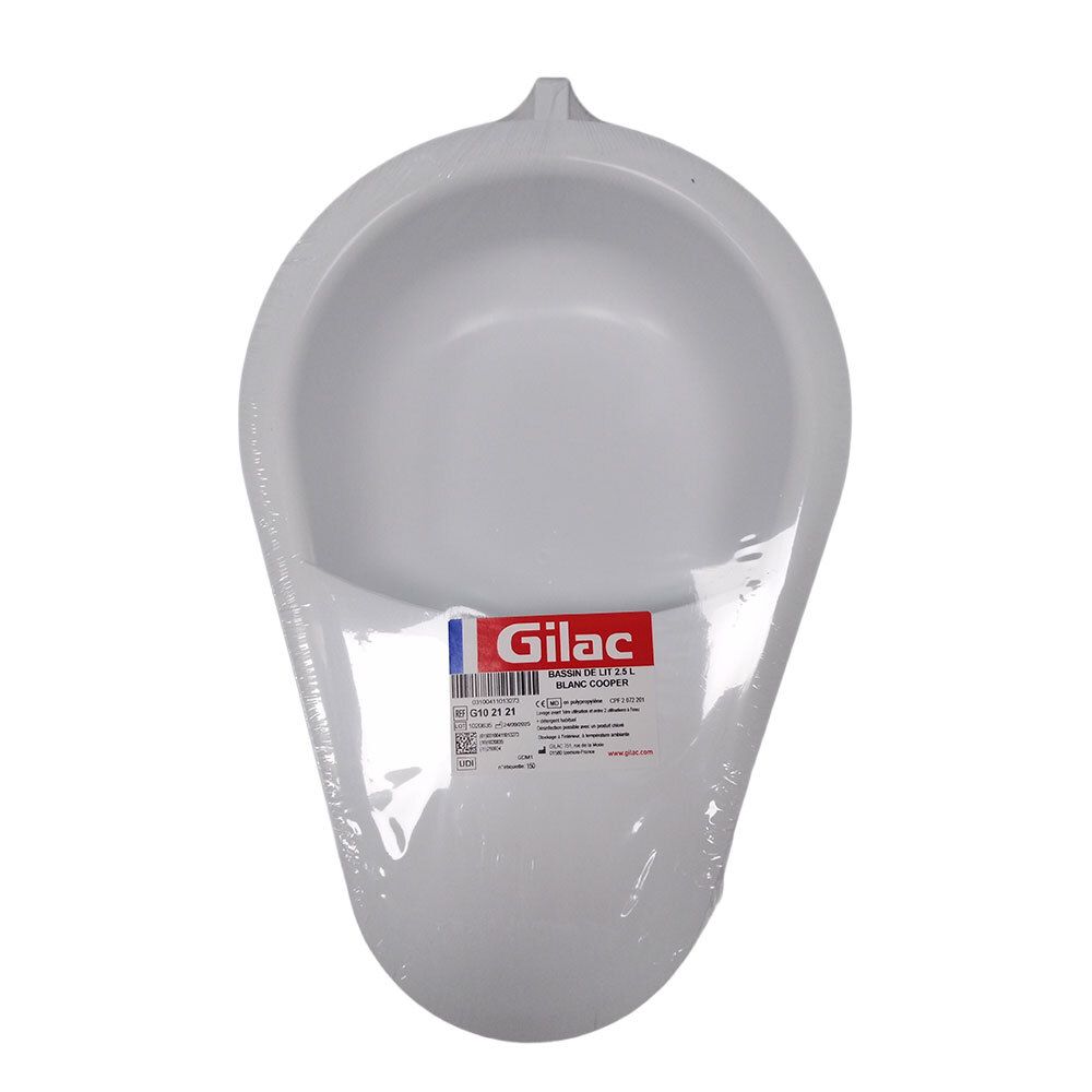 Bassin de lit blanc en polypropylène avec poignée large, emballé. Étiquette avec informations produit et logo "GILAC".