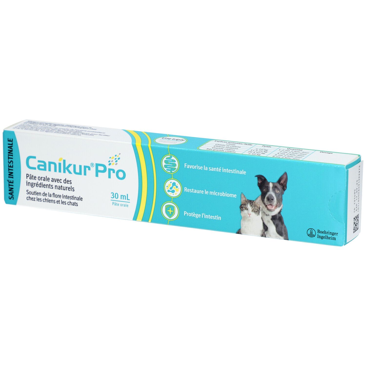 Doosje Canikur Pro, orale pasta voor honden en katten. Bevat 30 ml. Afbeelding van een hond en een kat.