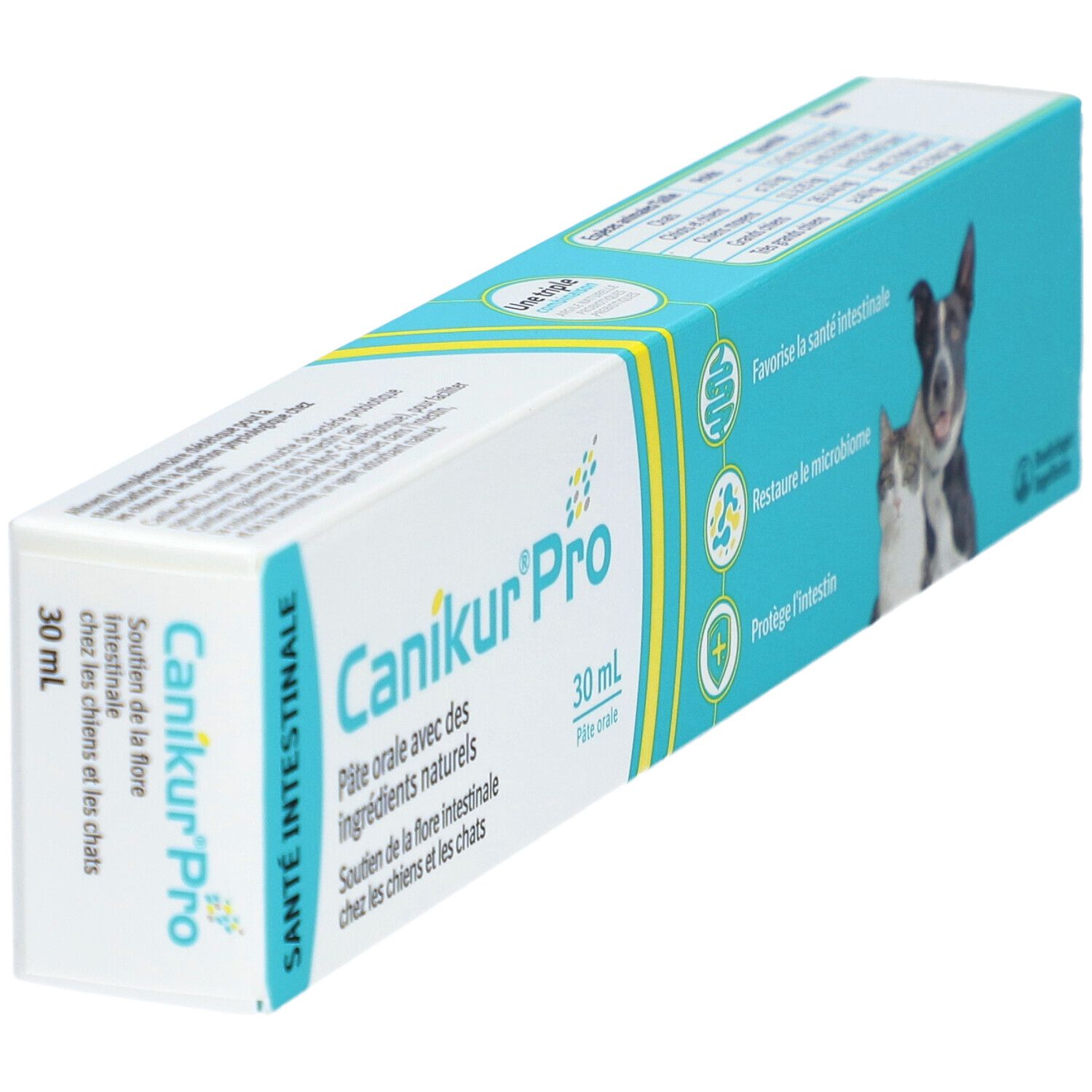 Doosje Canikur Pro, orale pasta voor honden en katten. Bevat 30 ml. Afbeelding van een hond en een kat.