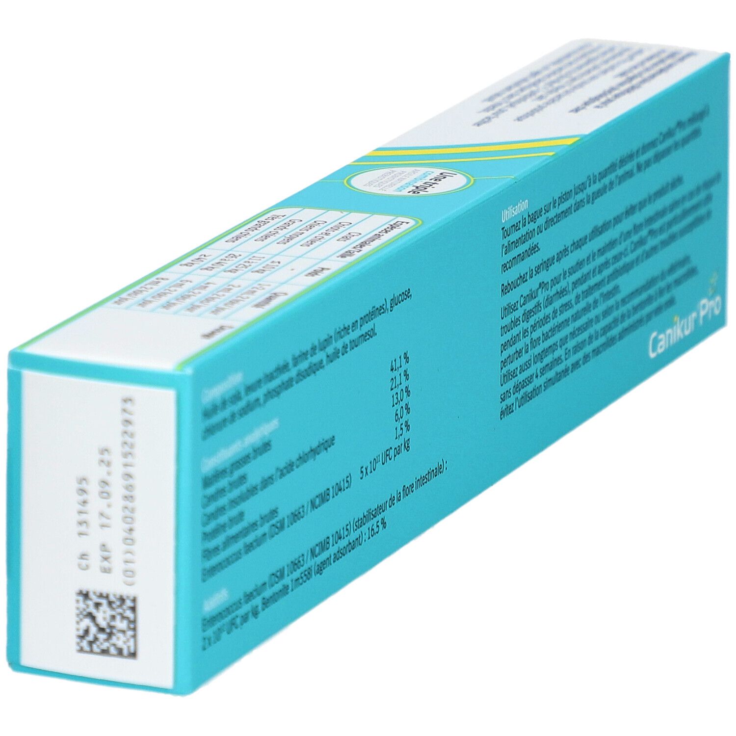 Zijaanzicht van de verpakking van Canikur Pro. Bevat informatie over ingrediënten en houdbaarheid.
