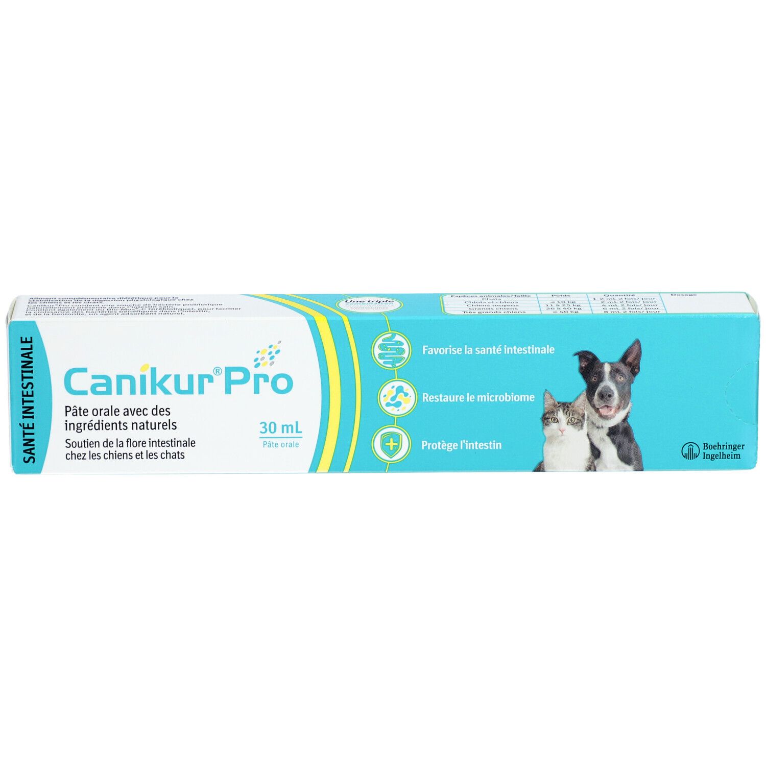 Doosje Canikur Pro, orale pasta voor honden en katten. Bevat 30 ml. Afbeelding van een hond en een kat.