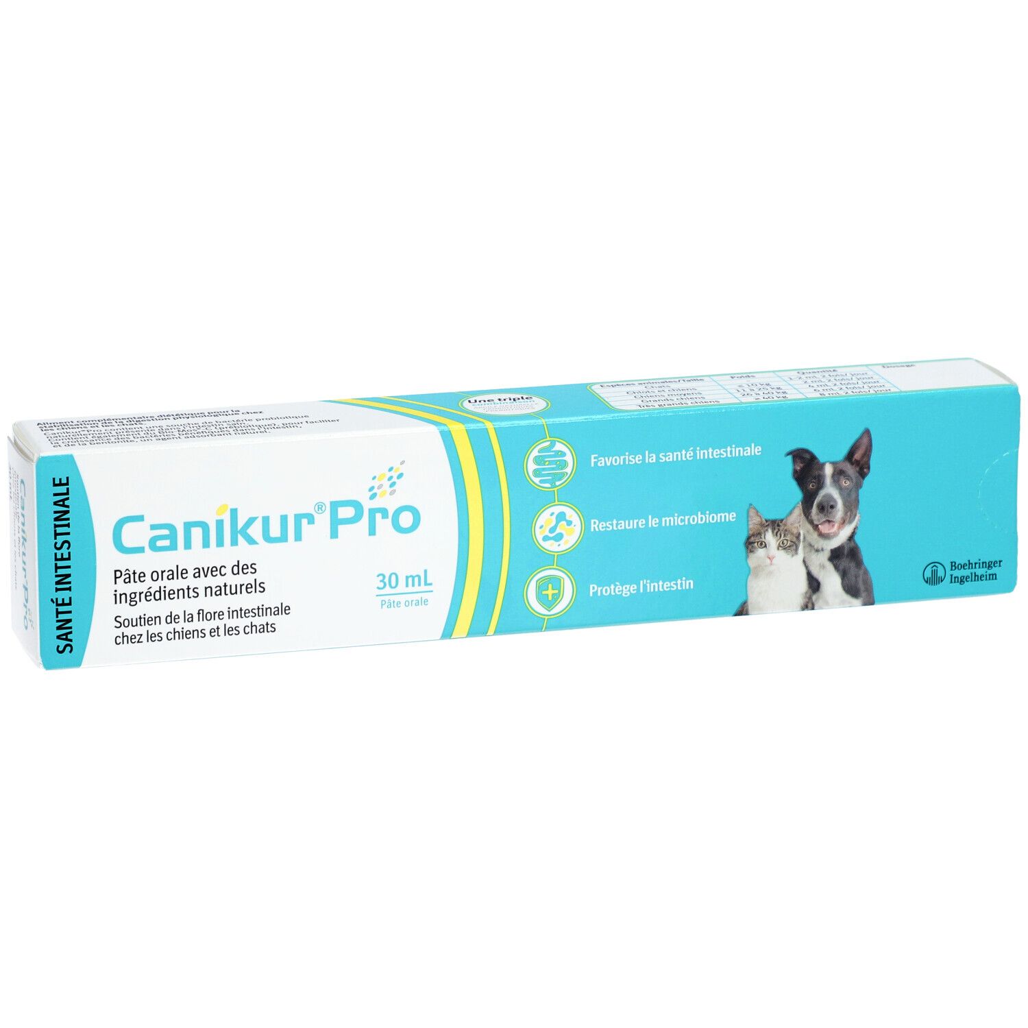 Doosje Canikur Pro, orale pasta voor honden en katten. Bevat 30 ml. Afbeelding van een hond en een kat.