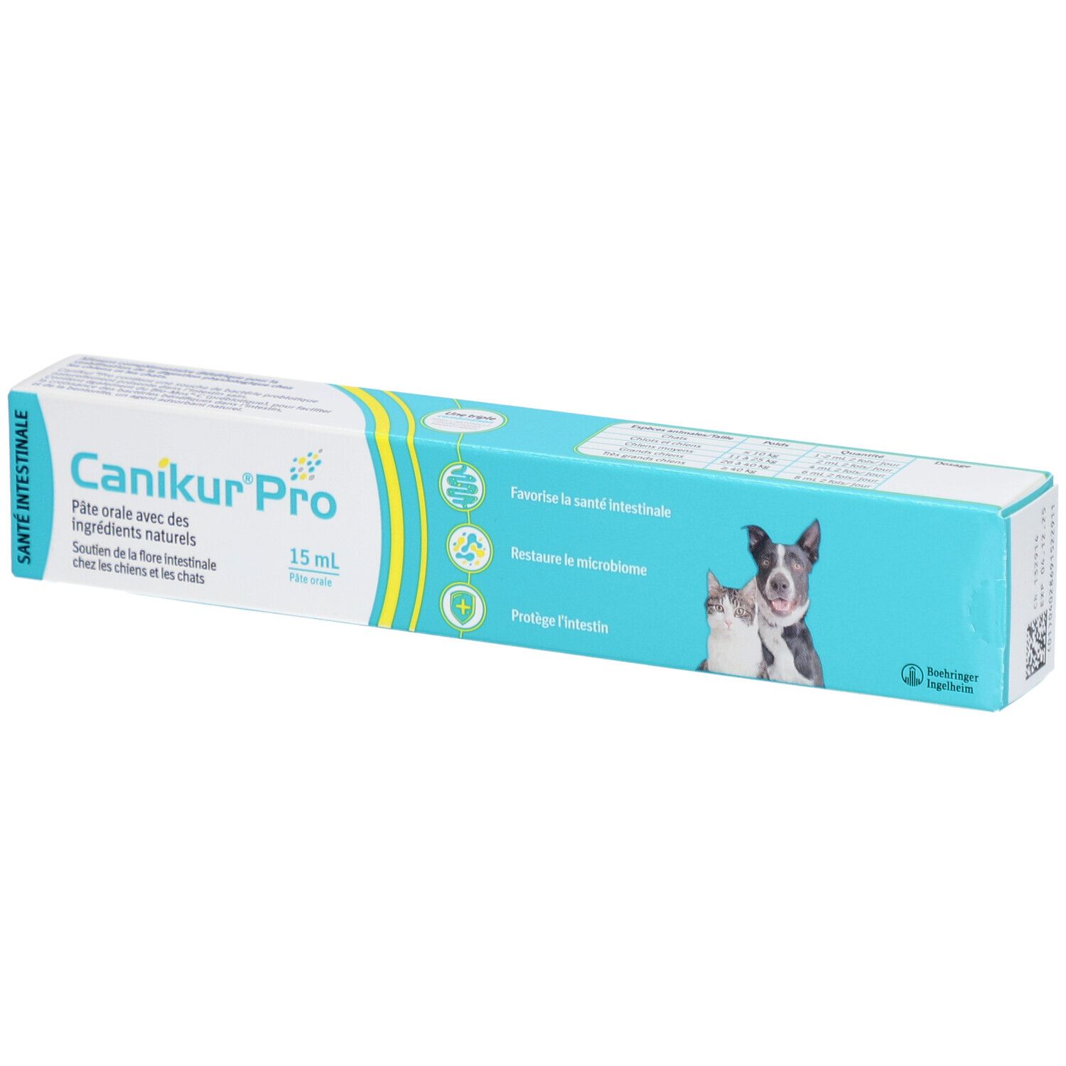 Boîte de Canikur Pro Pâte Orale. Emballage bleu et blanc avec nom du produit et image d'un chien et d'un chat.