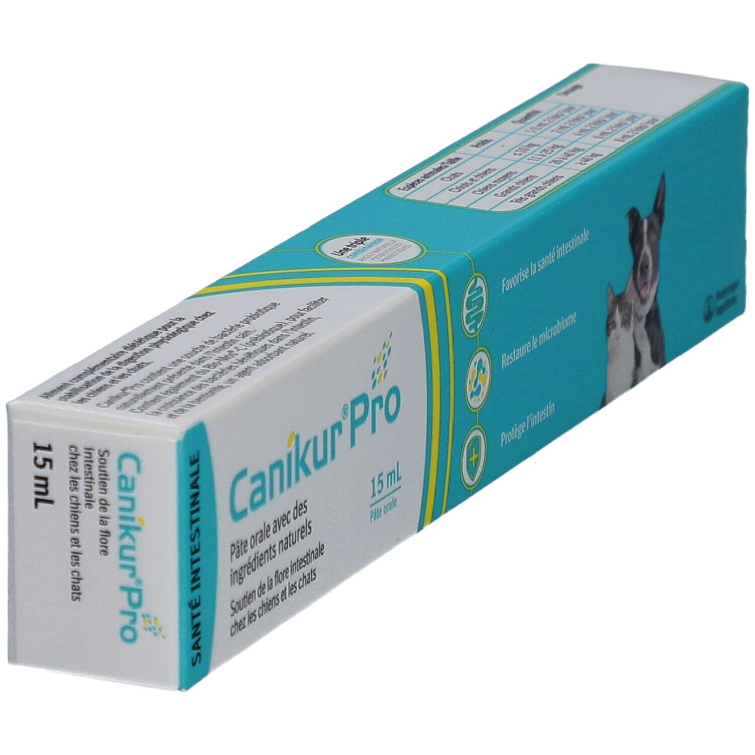 Boîte de Canikur Pro Pâte Orale. Emballage bleu et blanc avec nom du produit et indication 15 ml.