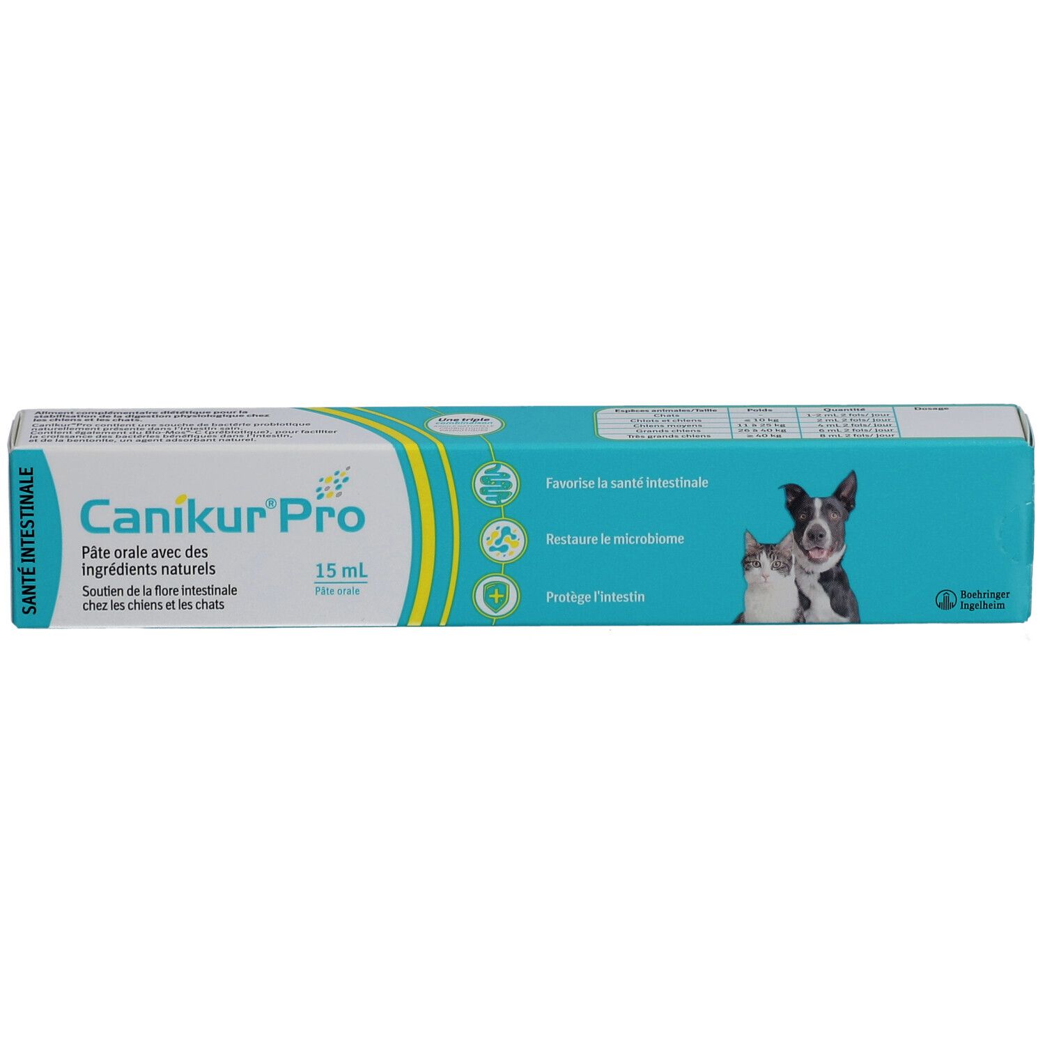 Boîte de Canikur Pro Pâte Orale. Emballage bleu et blanc avec nom du produit et image d'un chien et d'un chat.