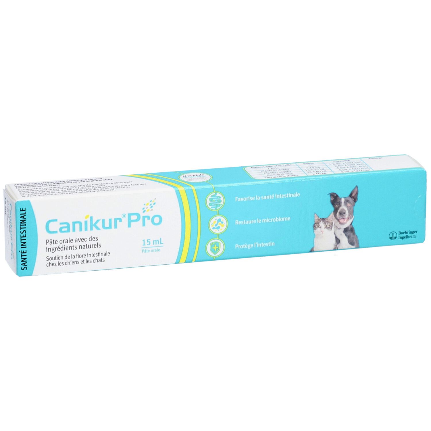 Boîte de Canikur Pro Pâte Orale. Emballage bleu et blanc avec nom du produit et image d'un chien et d'un chat.