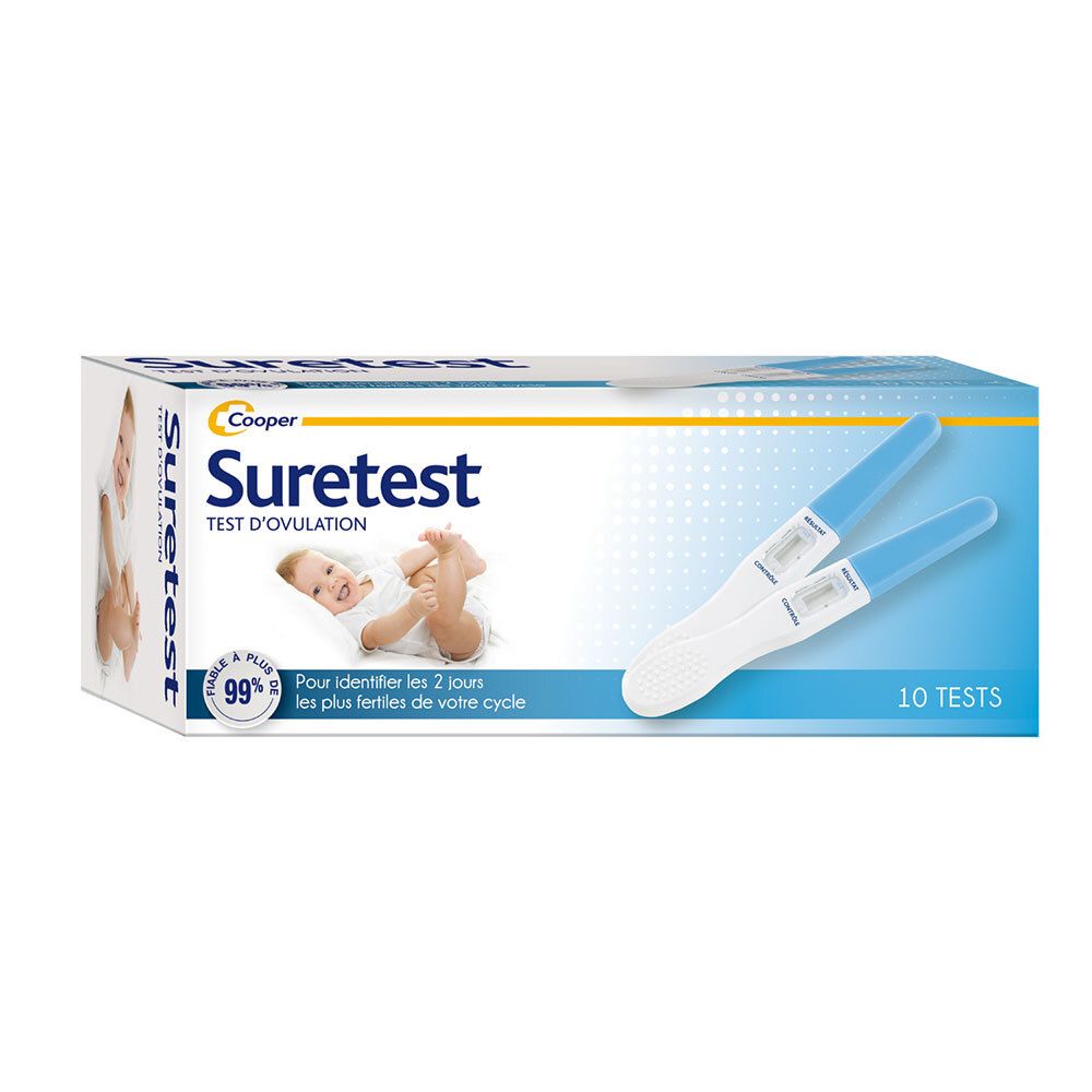 Boîte de tests d'ovulation SURETEST. Contient 10 tests. Image d'un bébé sur l'emballage.