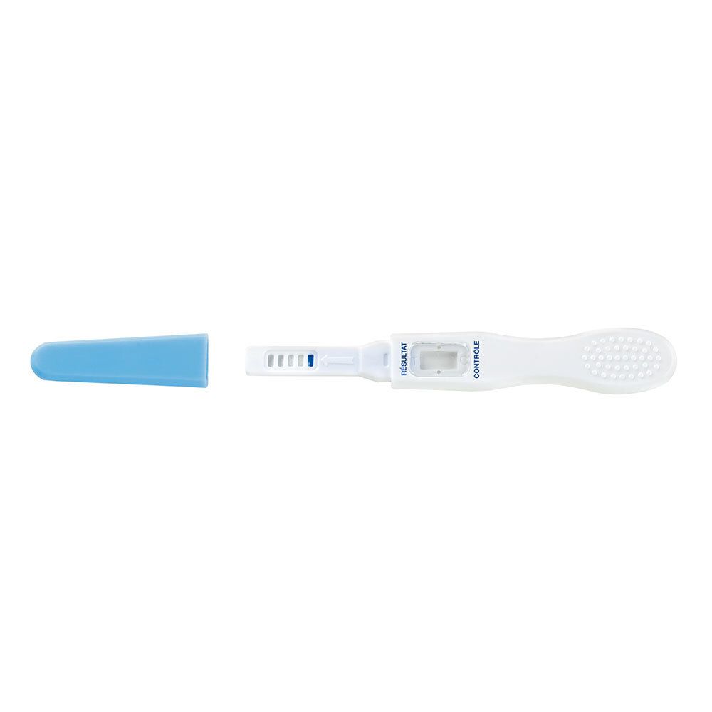 Test d'ovulation avec capuchon bleu. Bandelette avec fenêtre de résultat. Boîtier blanc.