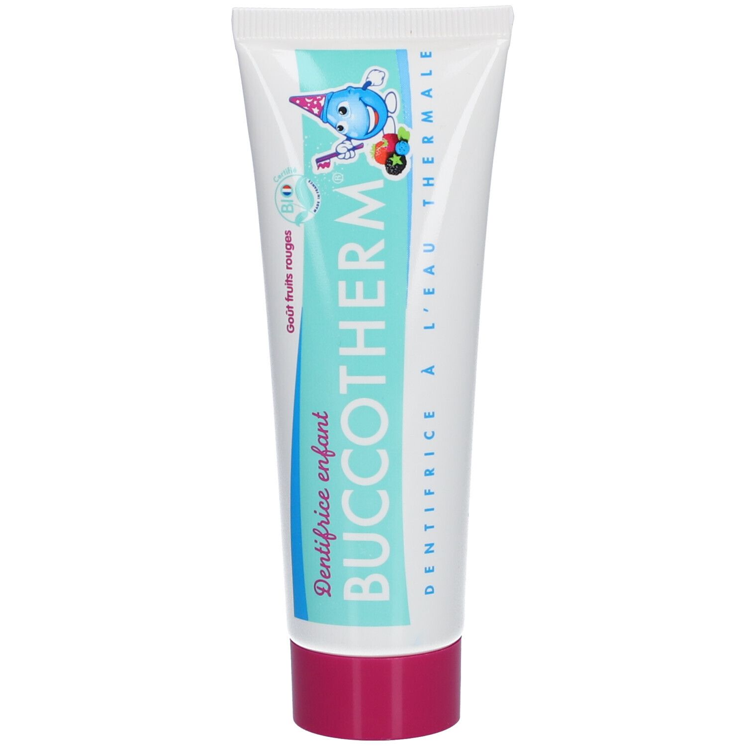 Tube de dentifrice blanc avec bouchon rose. Inscriptions: BUCCOTHERM, Dentifrice enfant, à l'eau thermale. Label Bio.