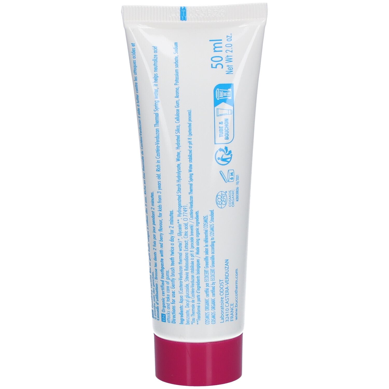 Dos du tube de dentifrice. Contient des informations et des logos. Bouchon rose.