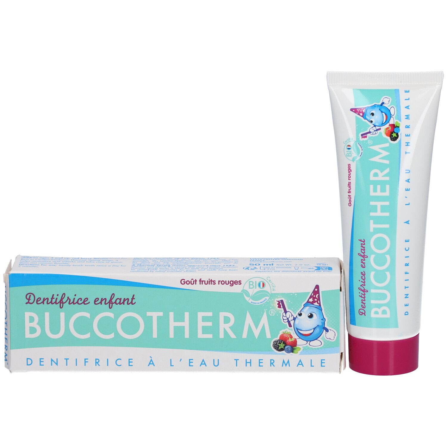 Tube et boîte de dentifrice. Inscriptions: BUCCOTHERM, Dentifrice enfant, à l'eau thermale. Label Bio.