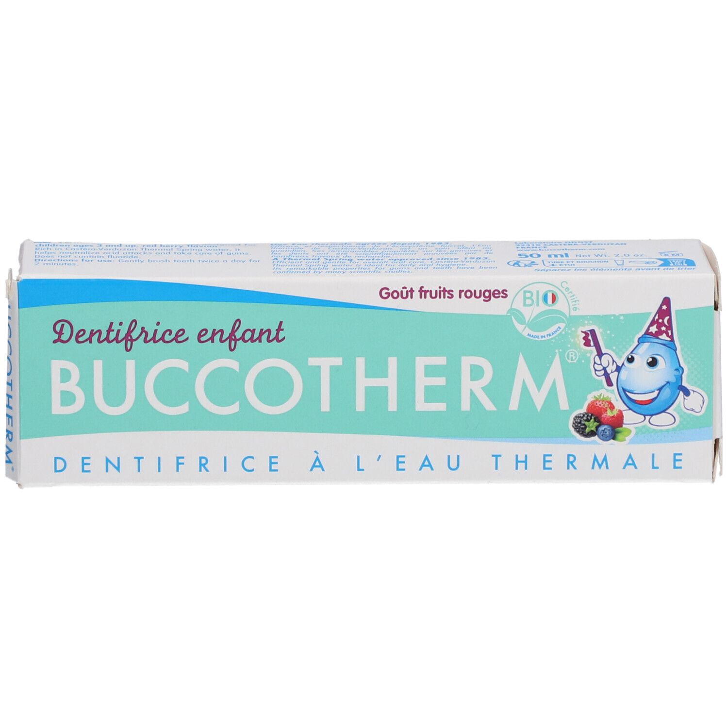 Boîte de dentifrice. Inscriptions: BUCCOTHERM, Dentifrice enfant, à l'eau thermale. Label Bio.