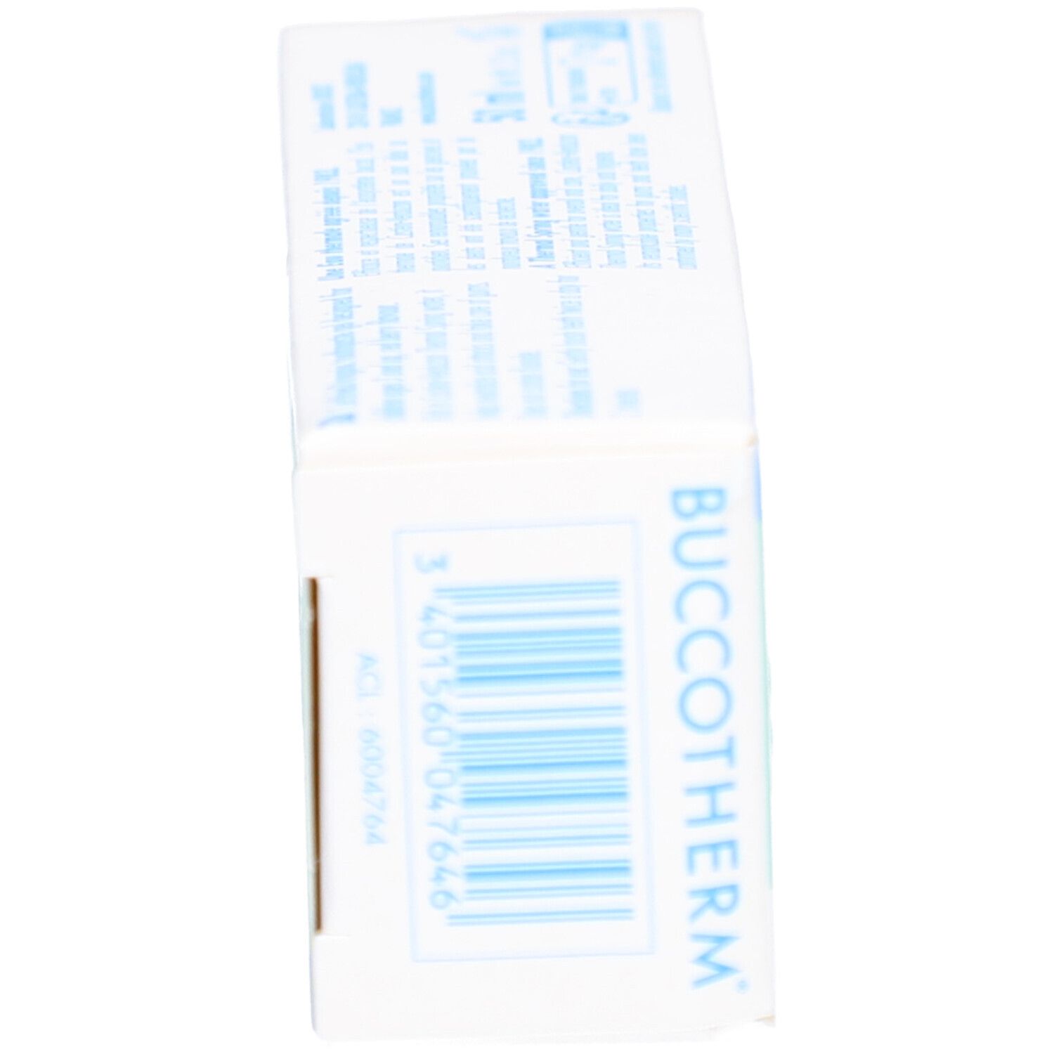 Vue latérale de la boîte de dentifrice. Code-barres et inscription: BUCCOTHERM.