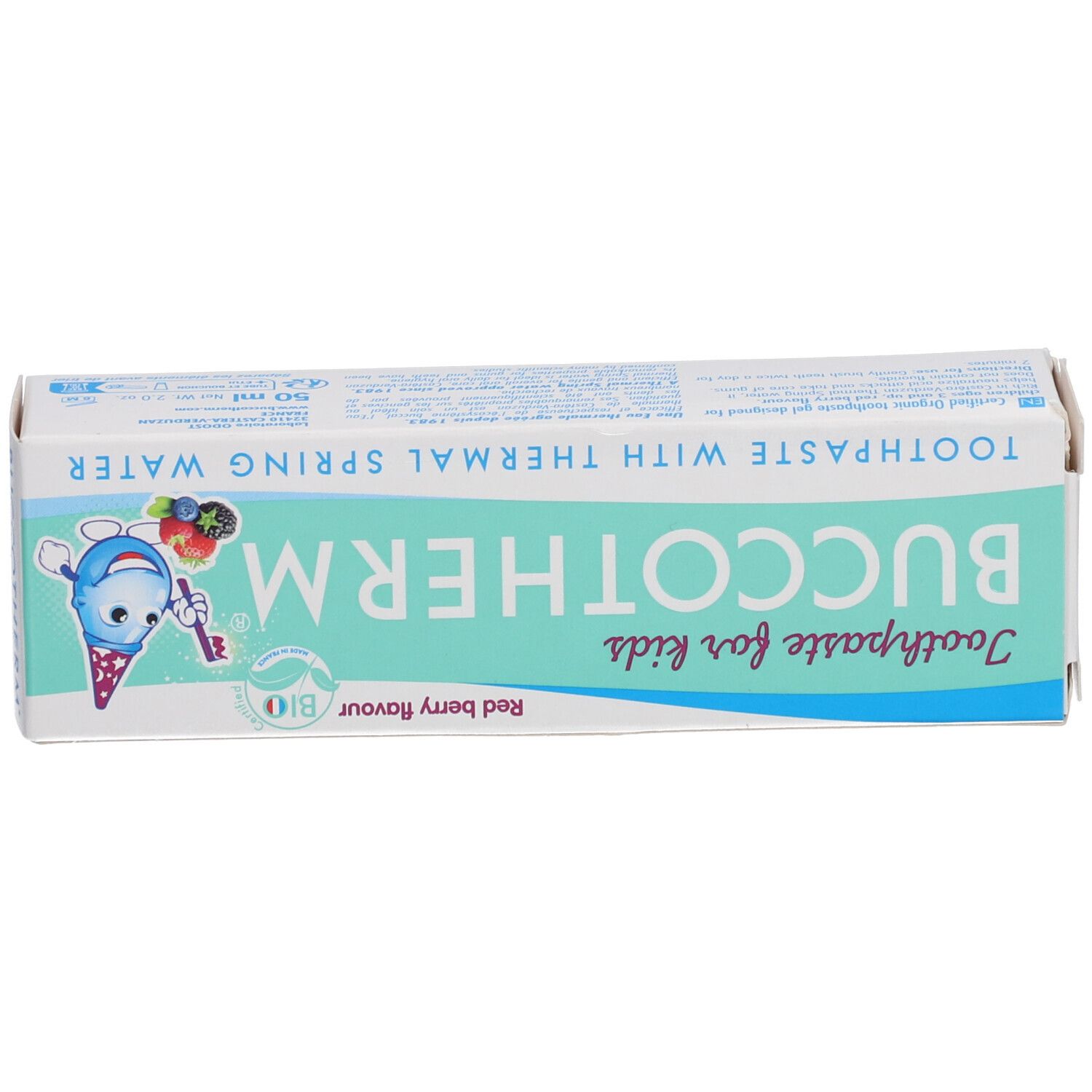 Boîte de dentifrice. Inscriptions: BUCCOTHERM, Toothpaste for kids, with thermal spring water. Label Bio.