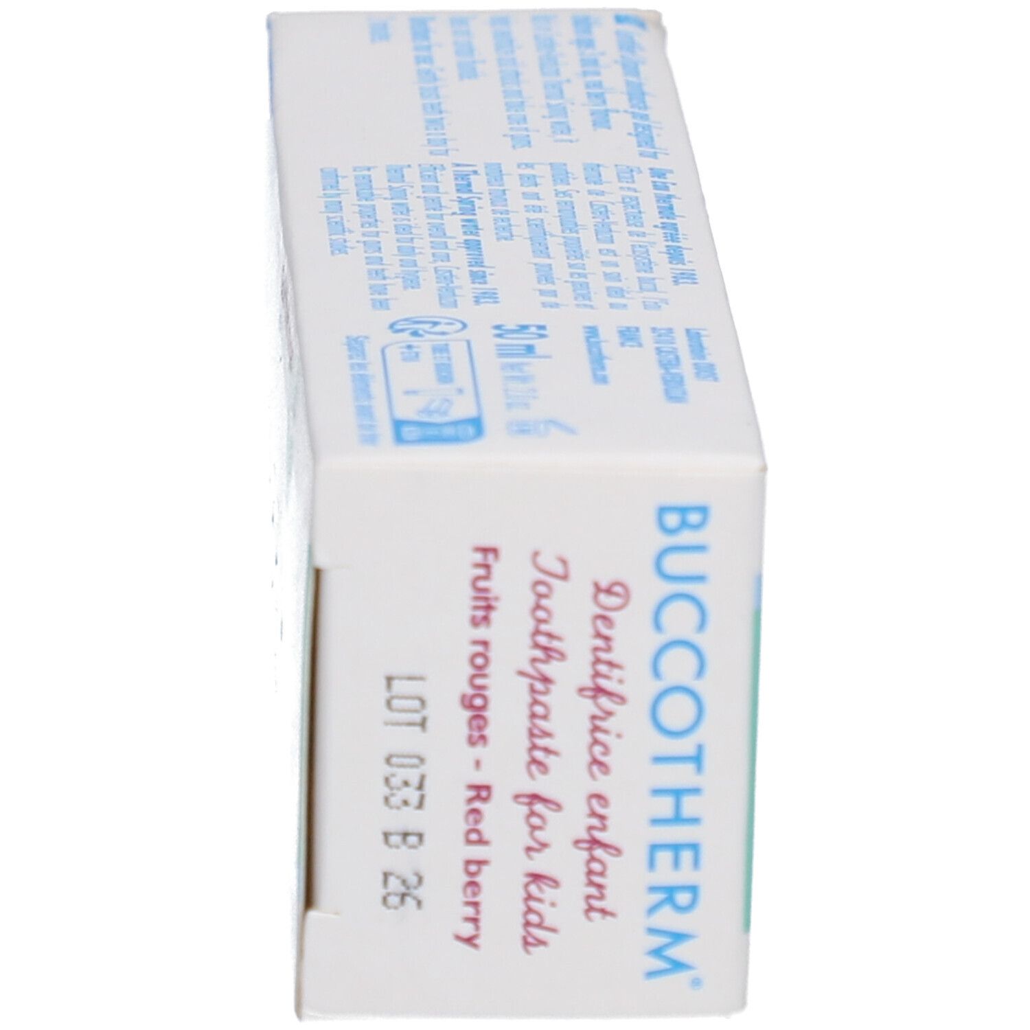 Vue latérale de la boîte de dentifrice. Inscriptions: BUCCOTHERM, Dentifrice enfant, Toothpaste for kids.