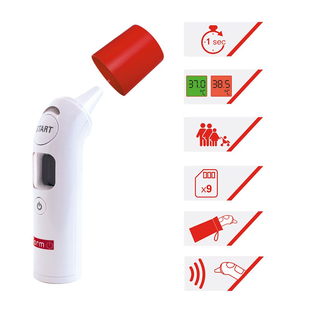 Witte oorthermometer met rode punt en rode dop. Toont temperatuurweergave en leeftijdssymbolen.