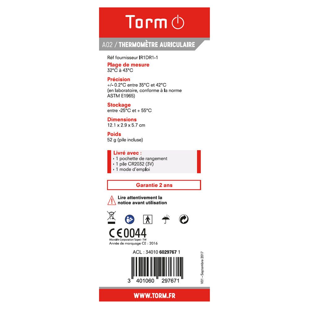 Achterkant van de verpakking met technische specificaties van de oorthermometer Torm A02. Franse tekst.