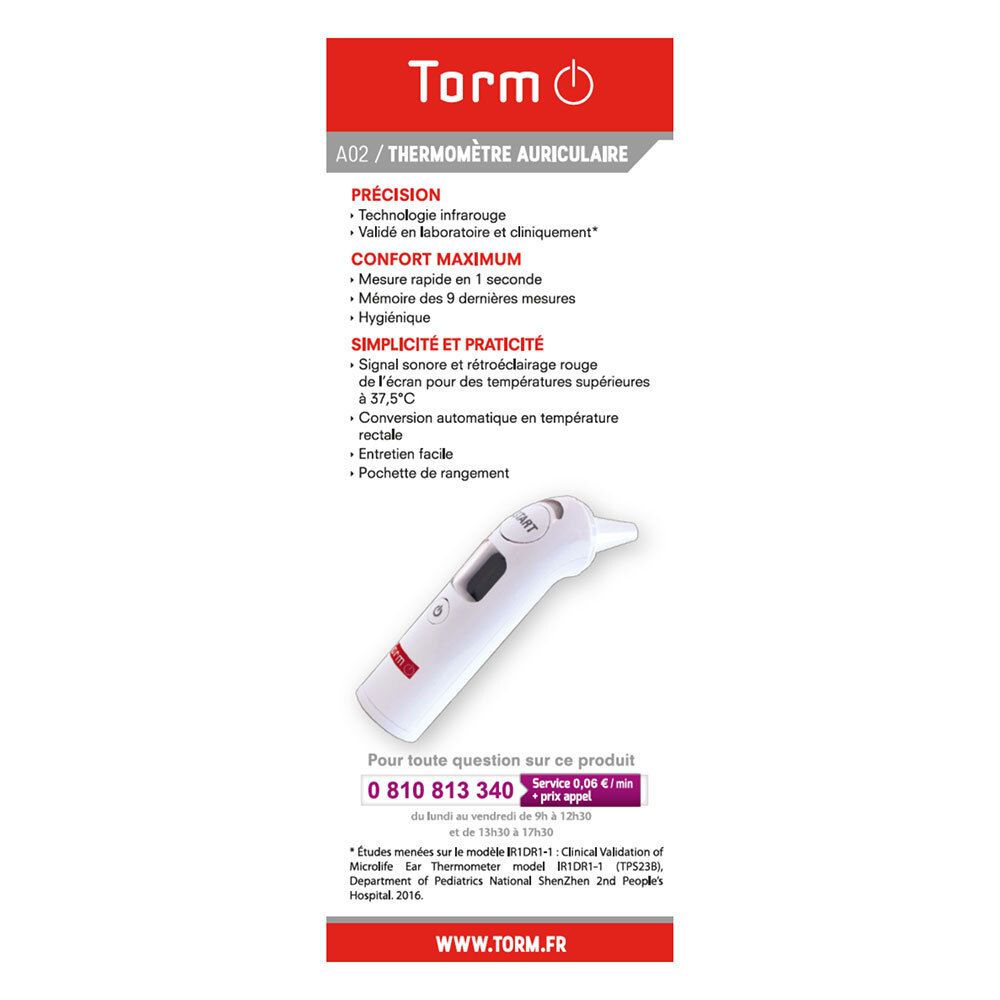 Achterkant van de verpakking met productkenmerken van de oorthermometer Torm A02. Franse tekst.