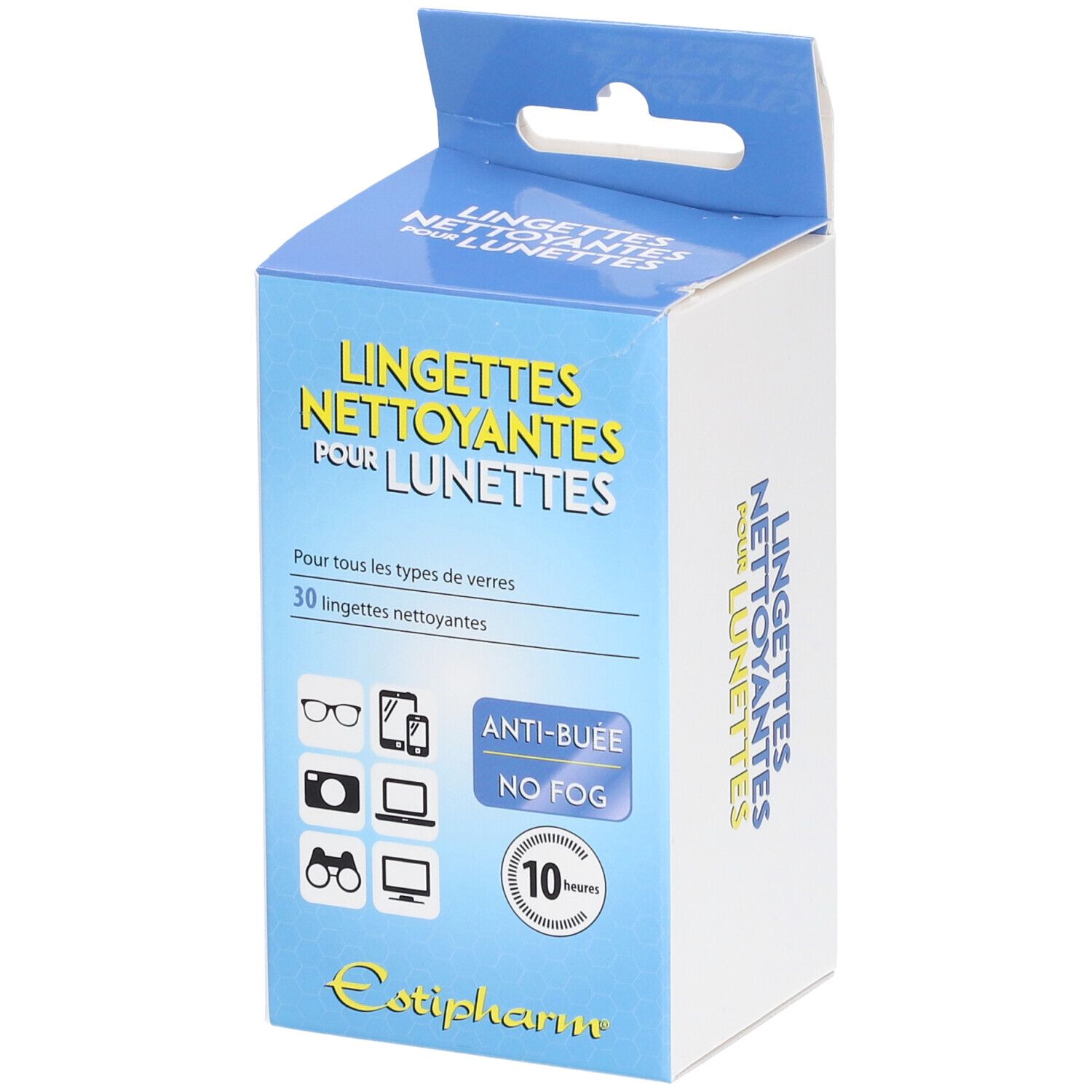 Doosje met brillenreinigingsdoekjes. Blauw en witte verpakking. Tekst: Anti-condens, 10 uur.