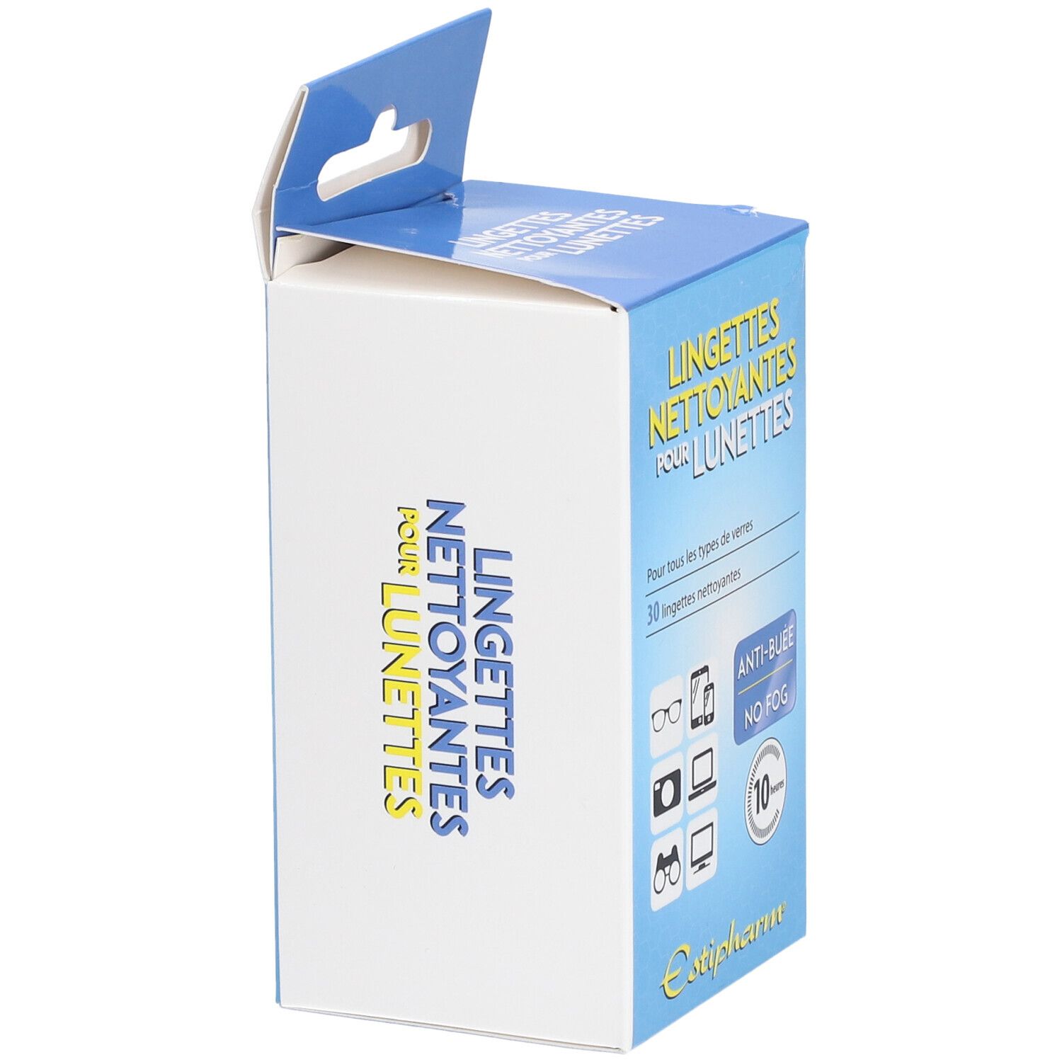 Doosje met brillenreinigingsdoekjes. Blauw en witte verpakking. Tekst: Anti-condens, 10 uur.