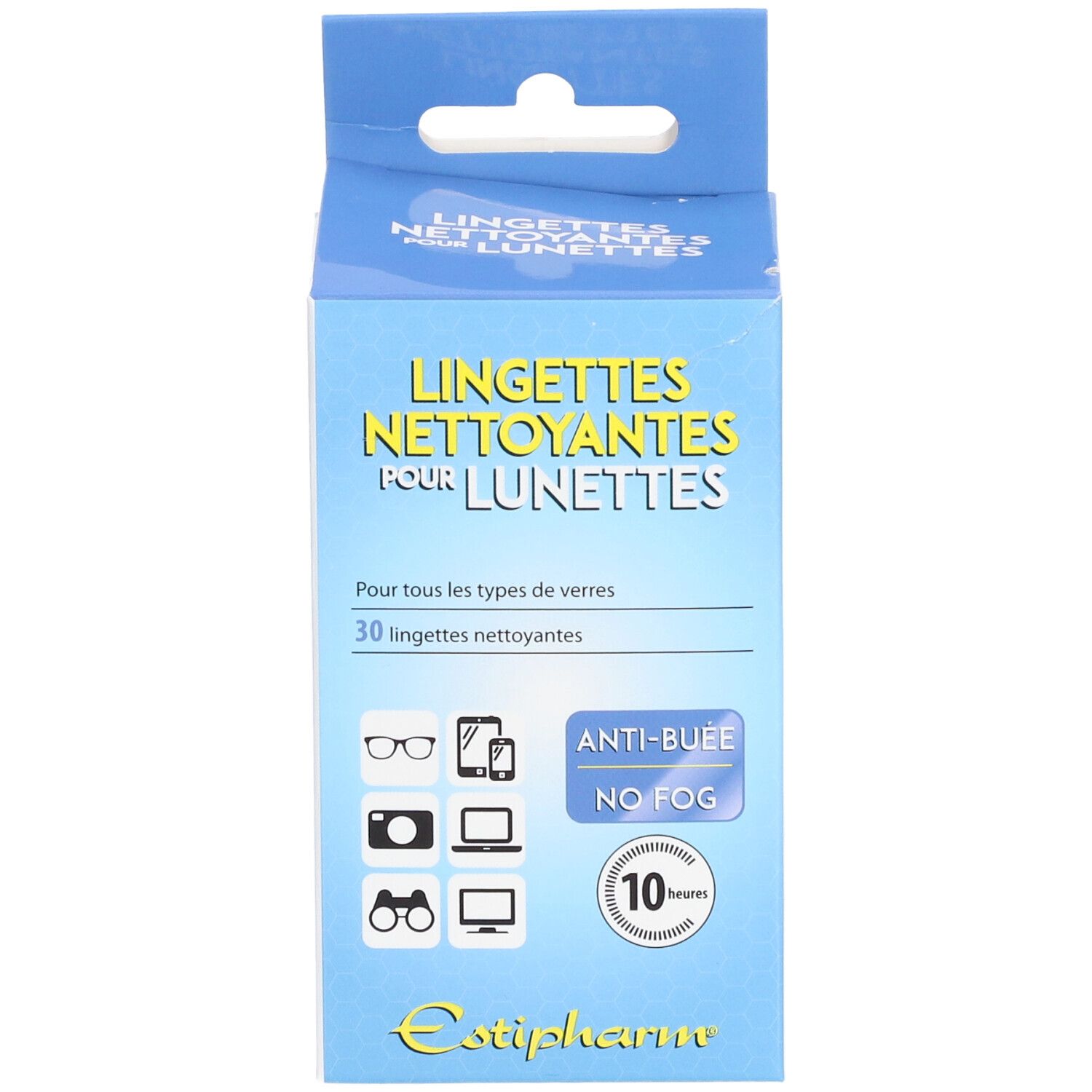 Doosje met brillenreinigingsdoekjes. Blauw en witte verpakking. Tekst: Anti-condens, 10 uur.
