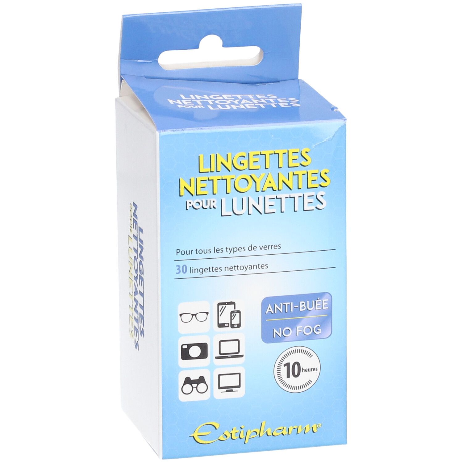 Doosje met brillenreinigingsdoekjes. Blauw en witte verpakking. Tekst: Anti-condens, 10 uur.