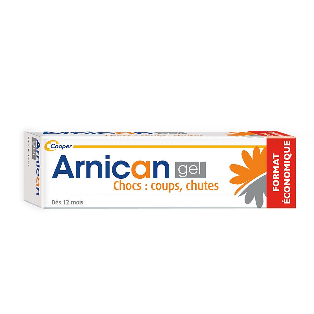 Boîte d'Arnicagel. Texte bleu et orange sur fond blanc. "Chocs: coups, chutes" et "Dès 12 mois".