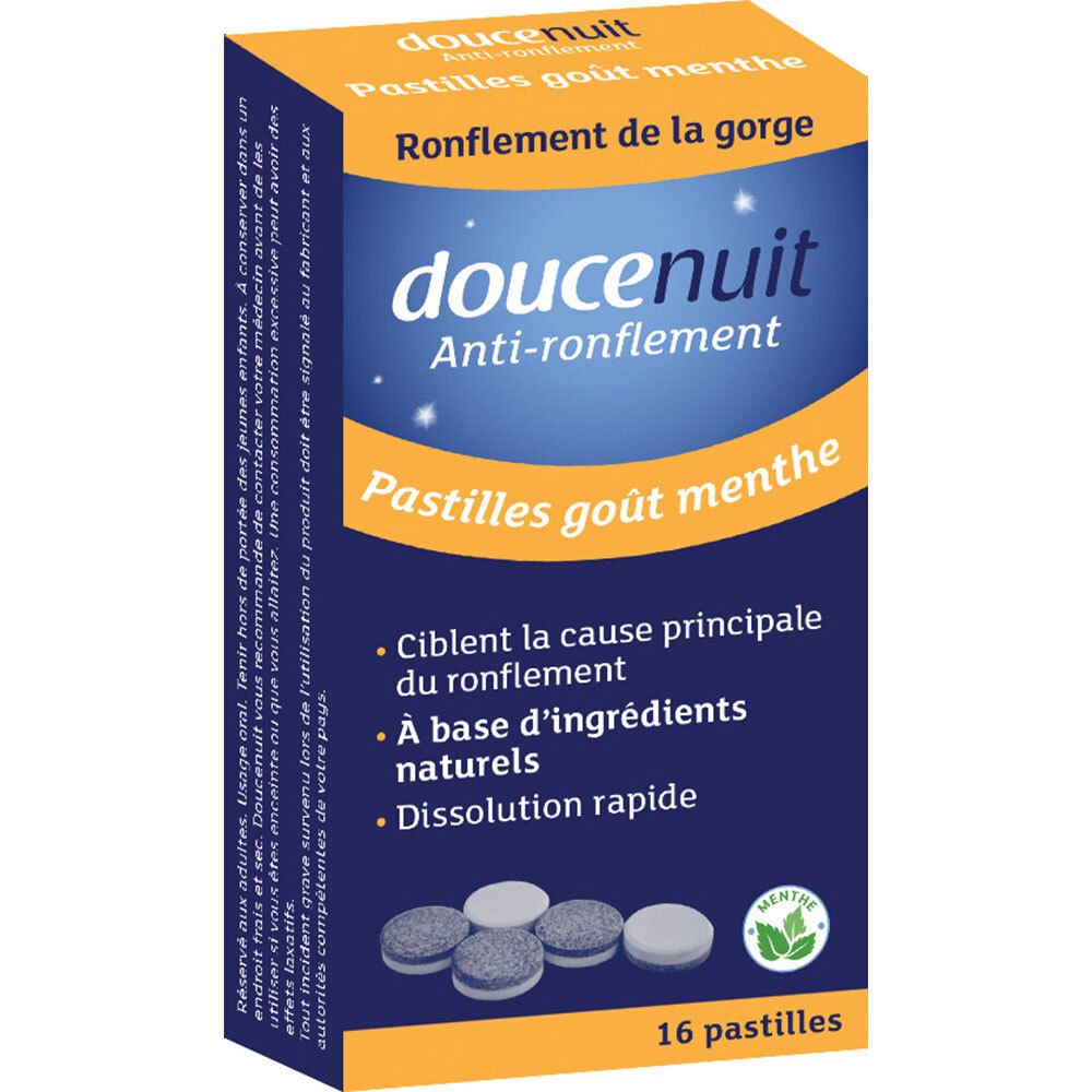 Doosje Douce Nuit Anti-snurken. Blauw en gele verpakking. Bevat 16 pastilles. Tekst: Anti-snurken, muntsmaak.