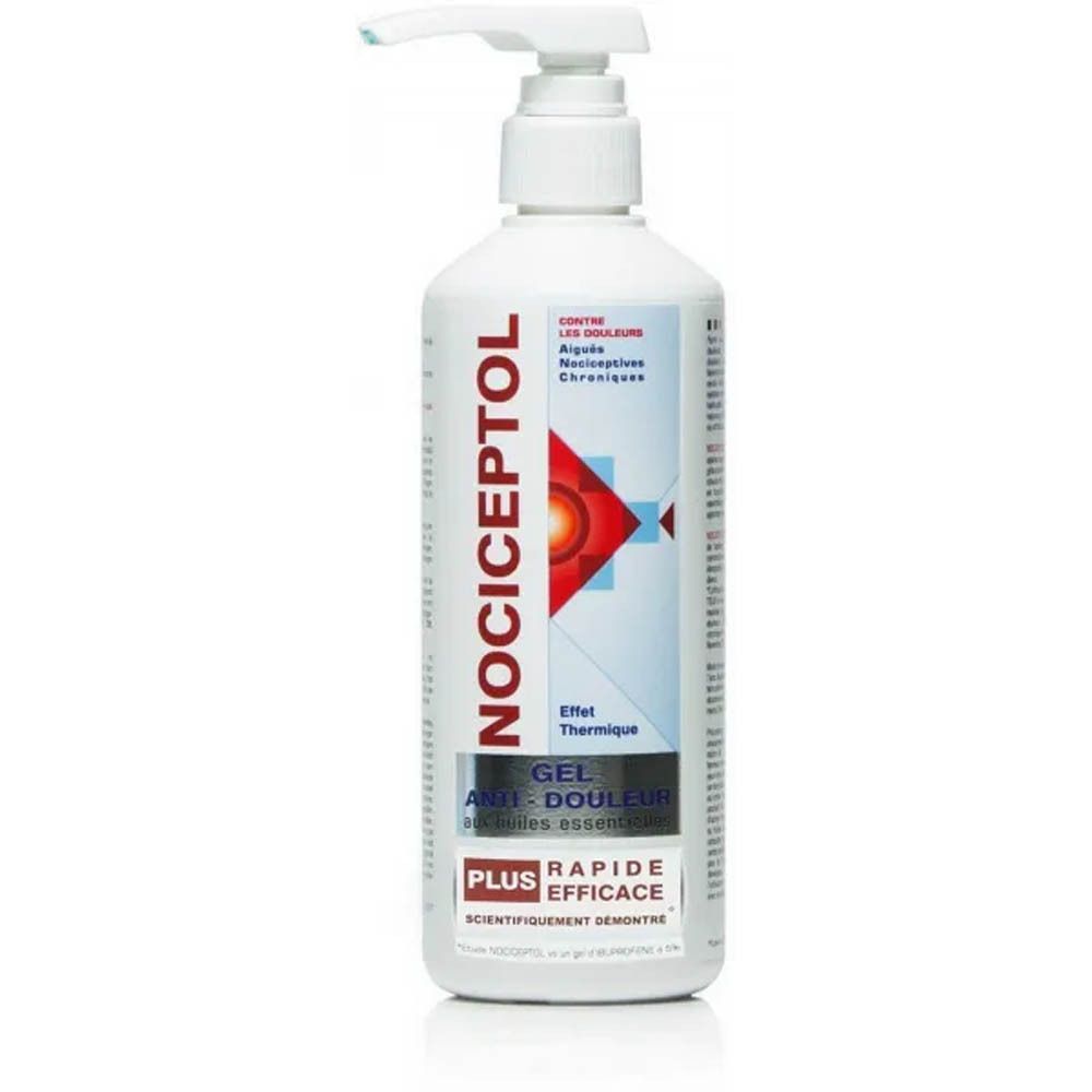 Witte fles met doseerpomp. Opschrift Nociceptol. Tekst: Gel Anti-Douleur, Plus, Rapide, Efficace.