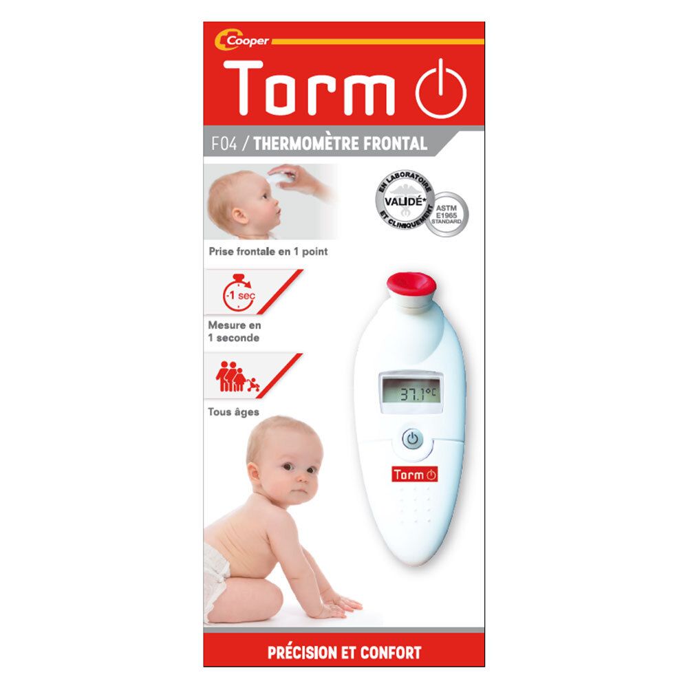 Thermomètre frontal blanc avec embout rouge. Affiche 37,1°C. Logo Torm visible.