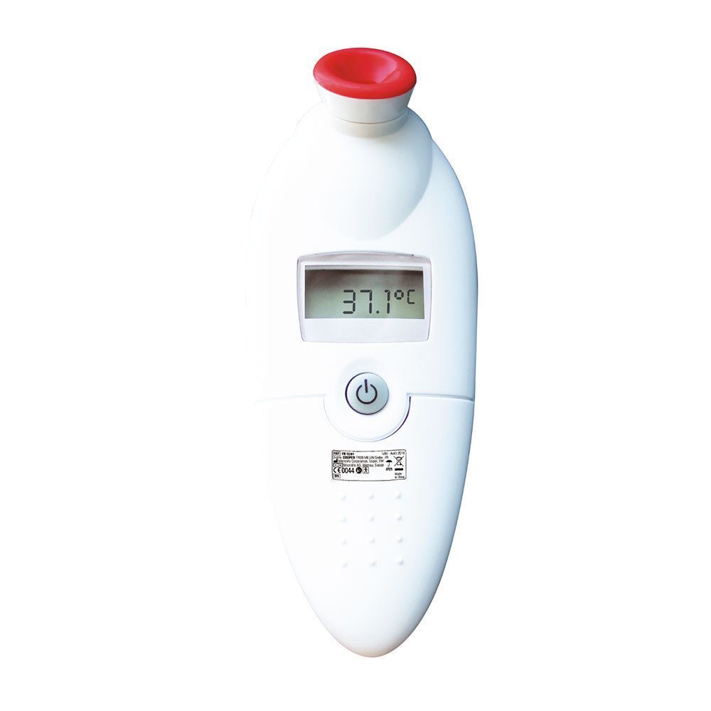 Thermomètre frontal blanc, embout rouge. Affichage numérique 37,1°C. Logo Torm.