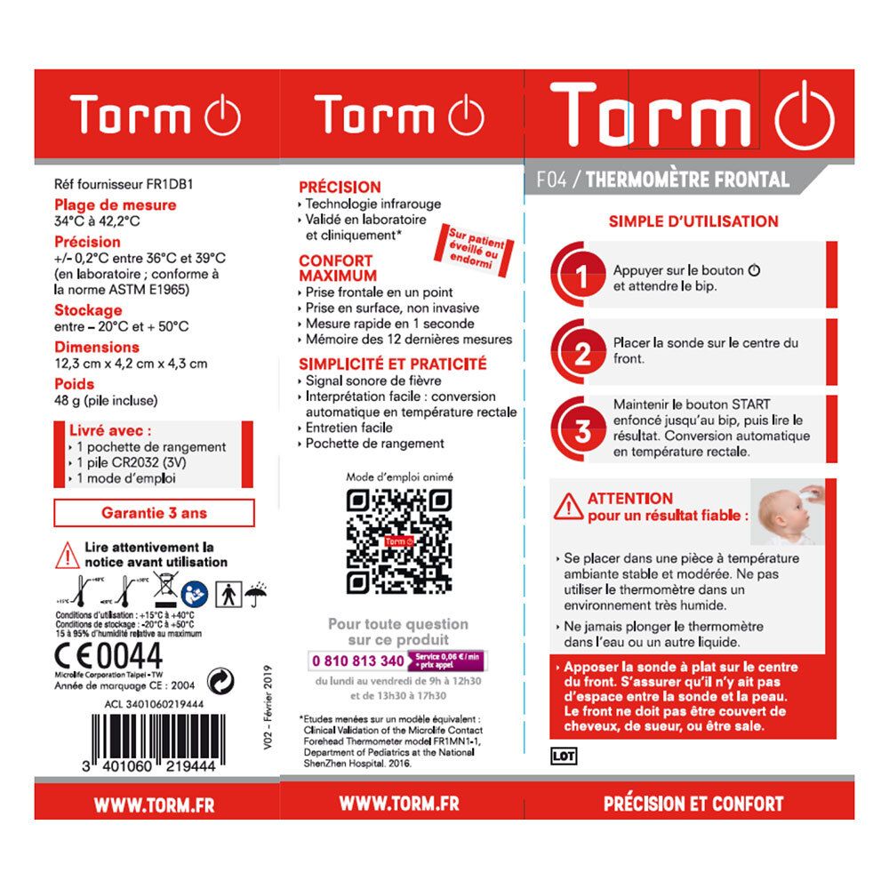 Dos de l'emballage. Texte en français. Informations sur le thermomètre.