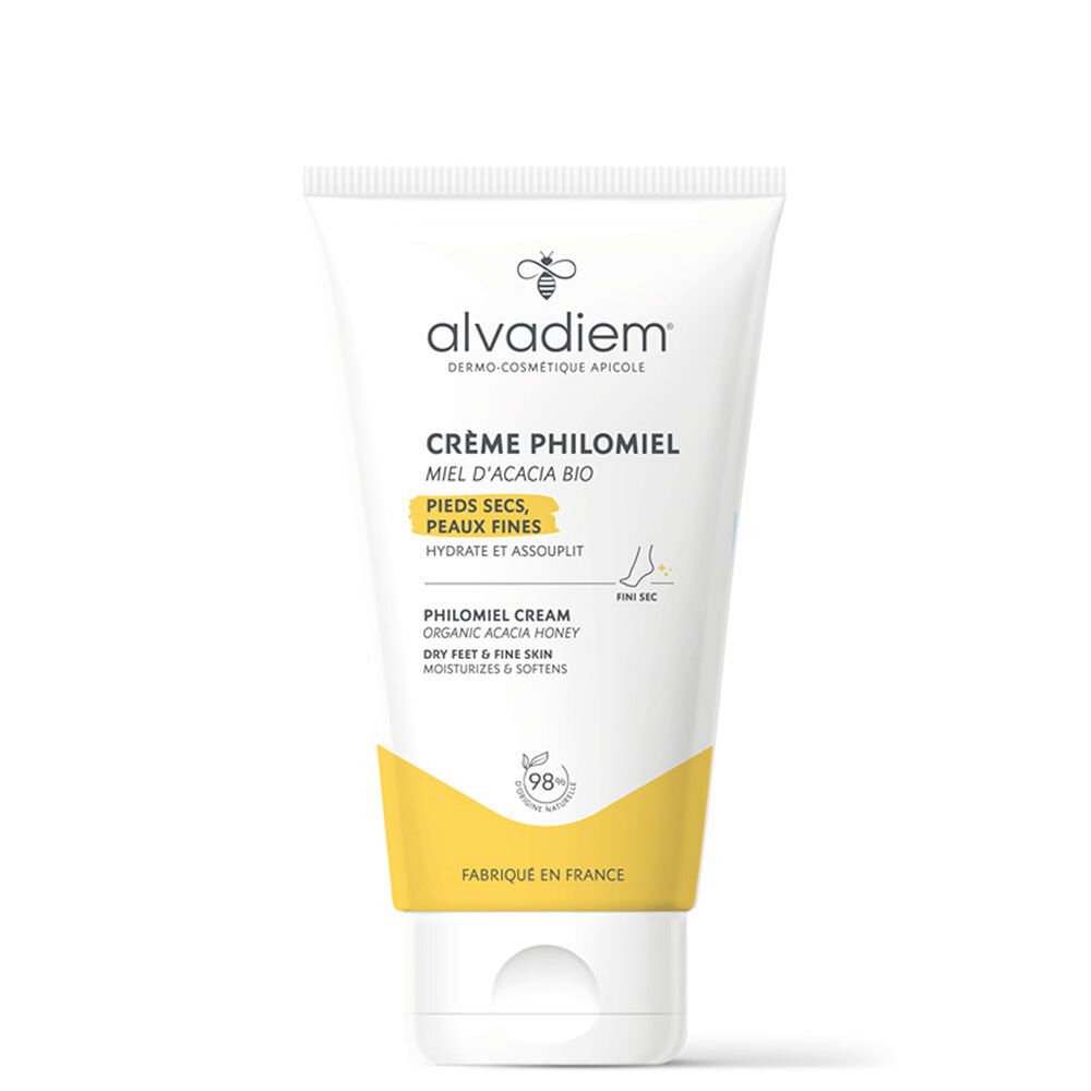 Tube blanc et jaune. Inscription : Crème Philomiel, Miel d'Acacia Bio, pour pieds secs. Marque : Alvadiem.