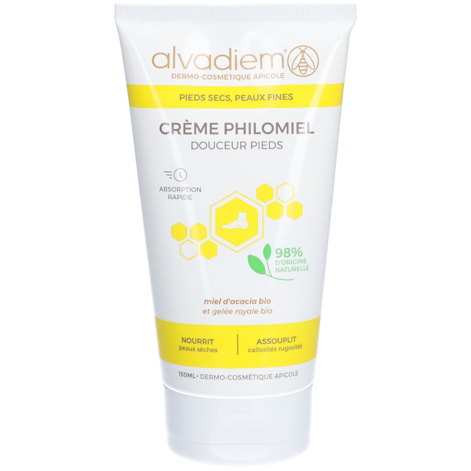 Witte tube met gele accenten. Opschrift: Alvadiem, Crème Philomiel Douceur Pieds. 98% natuurlijke ingrediënten.