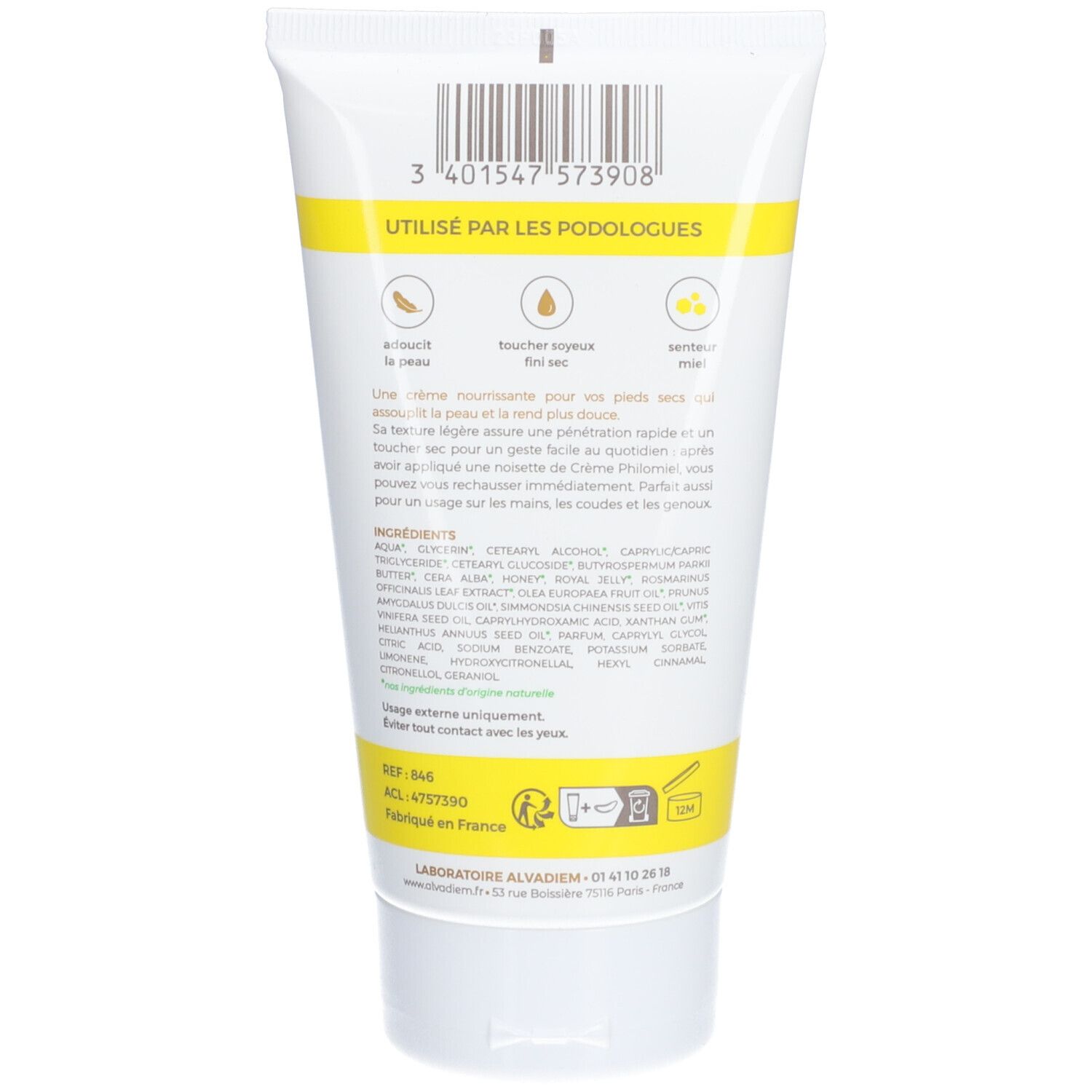 Achterkant van de tube. Tekst: Utilisé par les podologues. Ingrediënten en fabrikantinfo. Barcode.